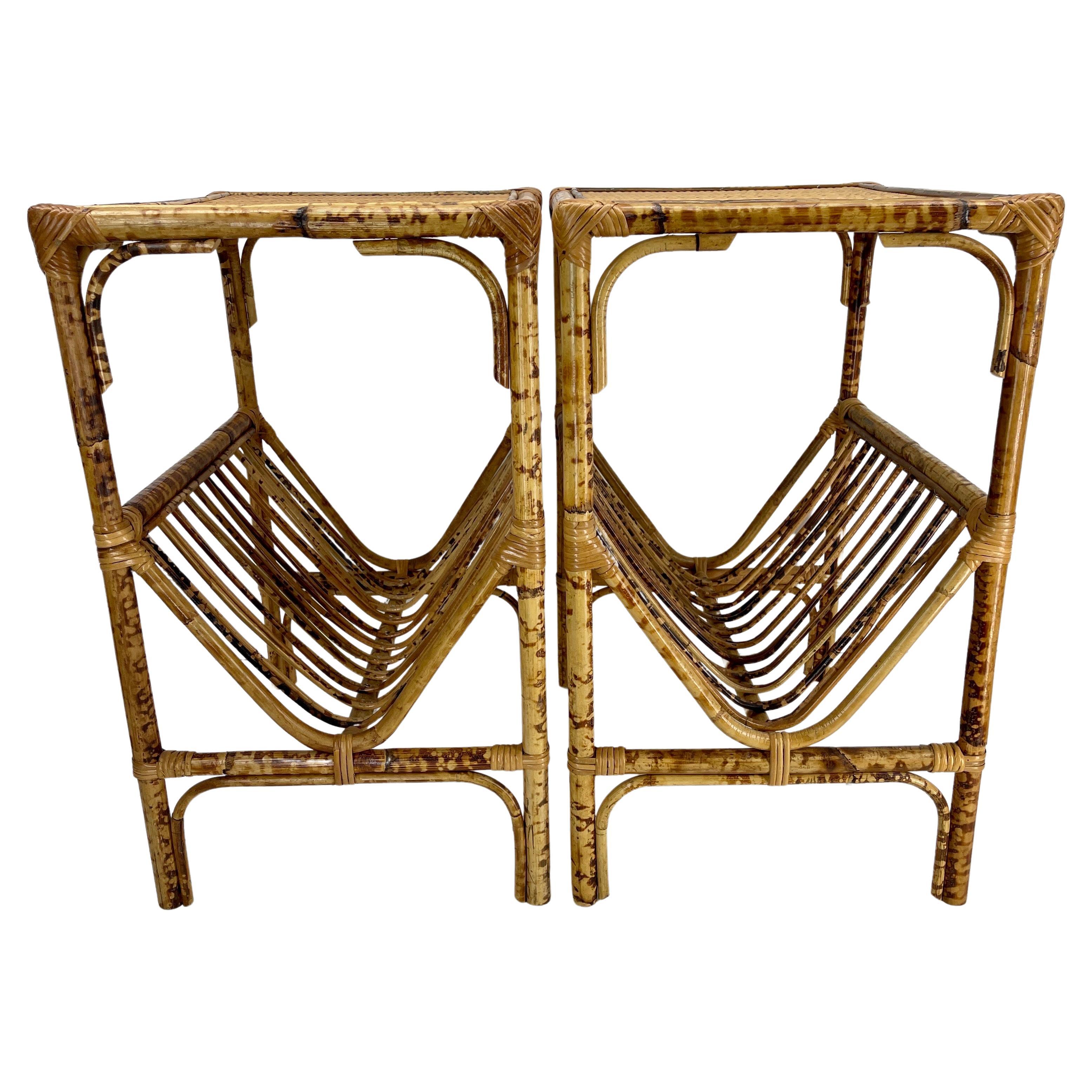 Hand-Crafted Pair Burnt Bamboo Woven Top Magazine Side Accent Tables For Sale