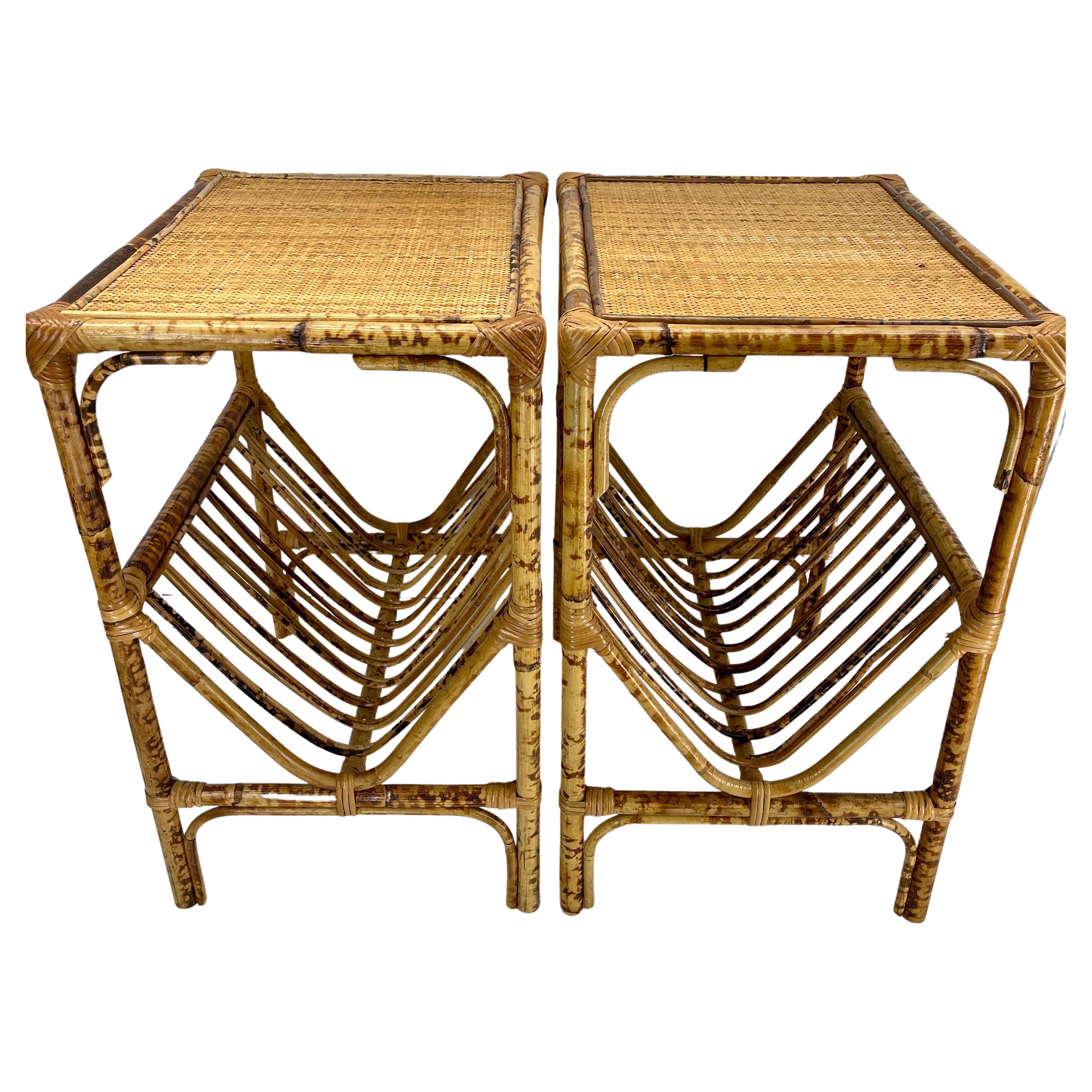 Pair Burnt Bamboo Woven Top Magazine Side Accent Tables In Good Condition In Haddonfield, NJ