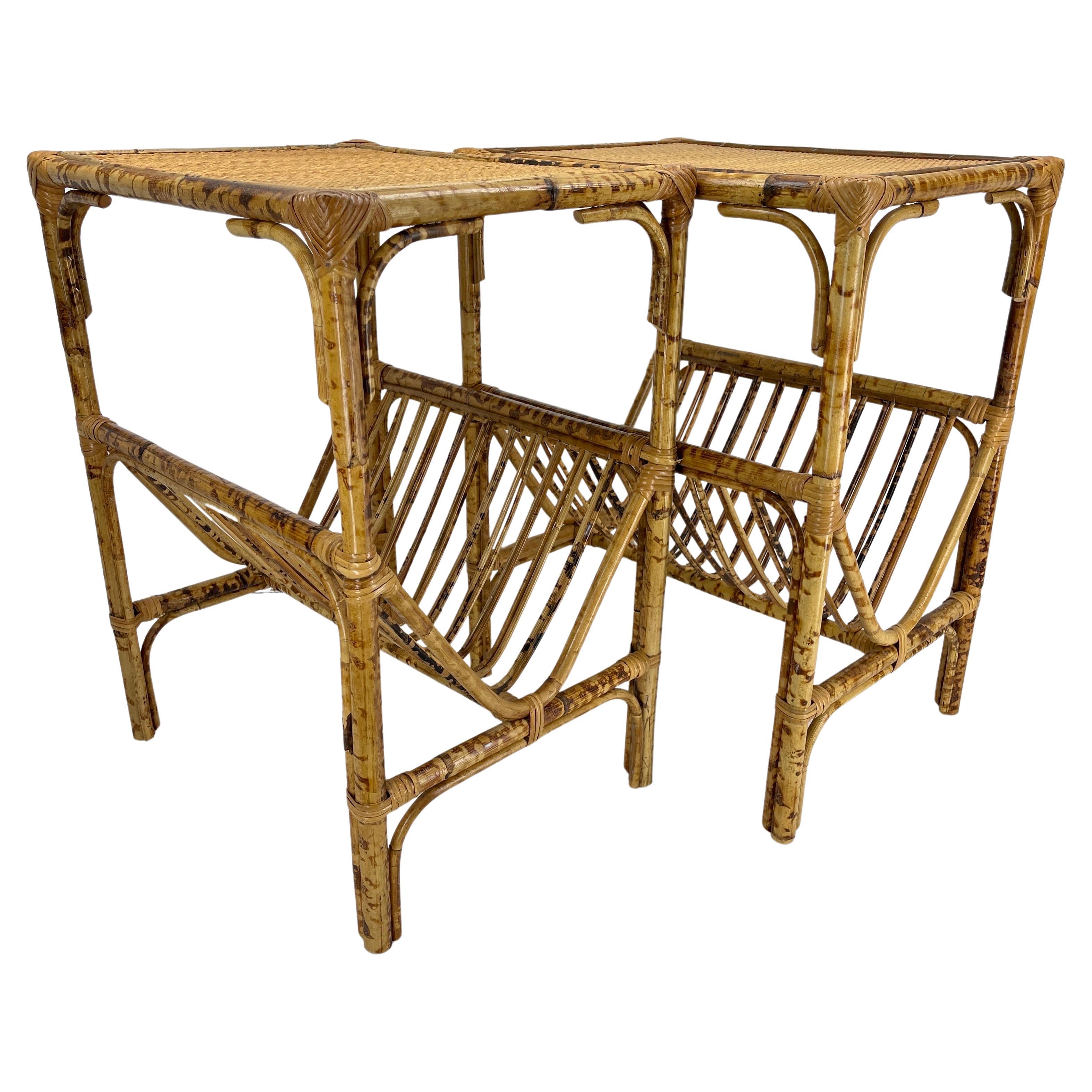 Late 20th Century Pair Burnt Bamboo Woven Top Magazine Side Accent Tables For Sale
