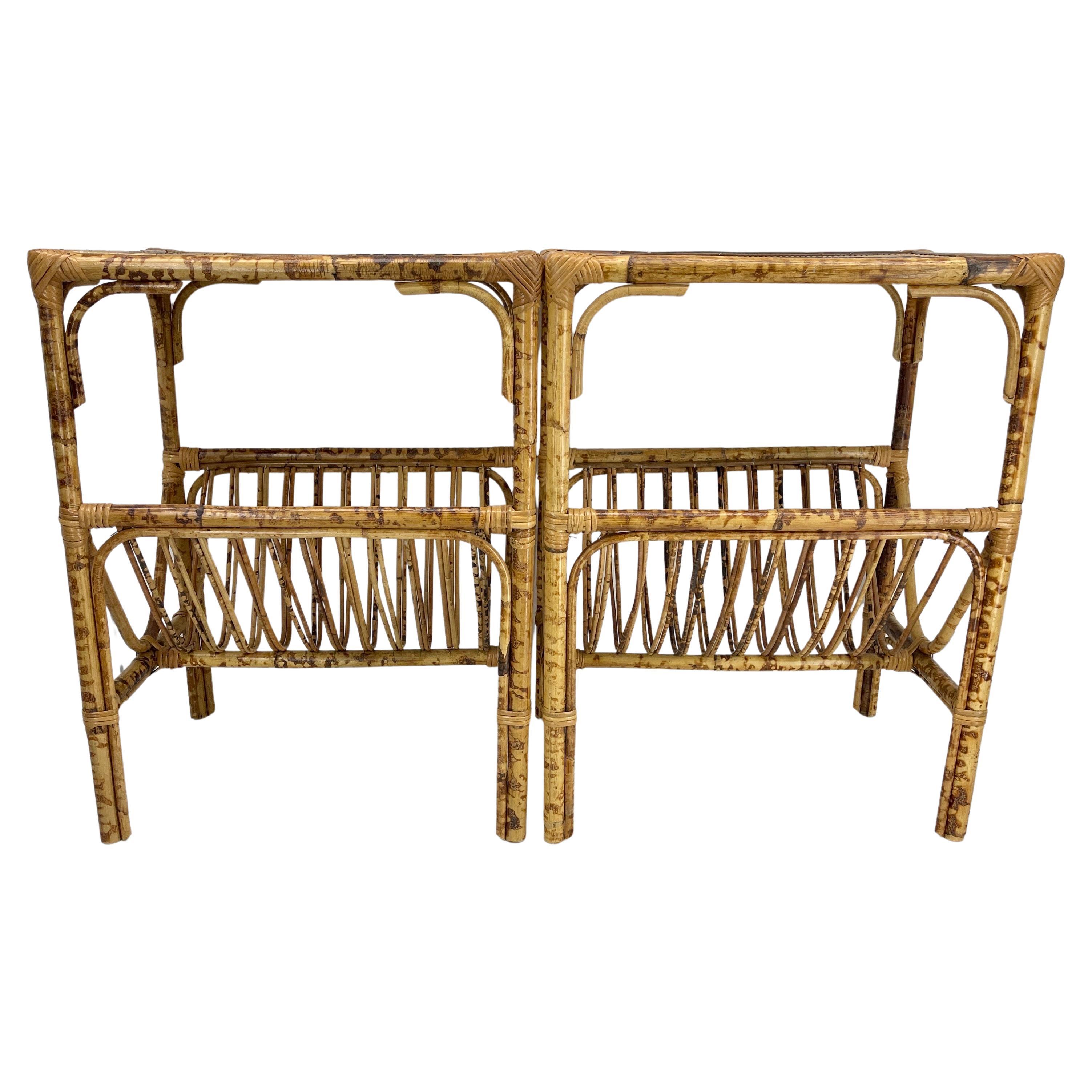 Pair Burnt Bamboo Woven Top Magazine Side Accent Tables For Sale 2