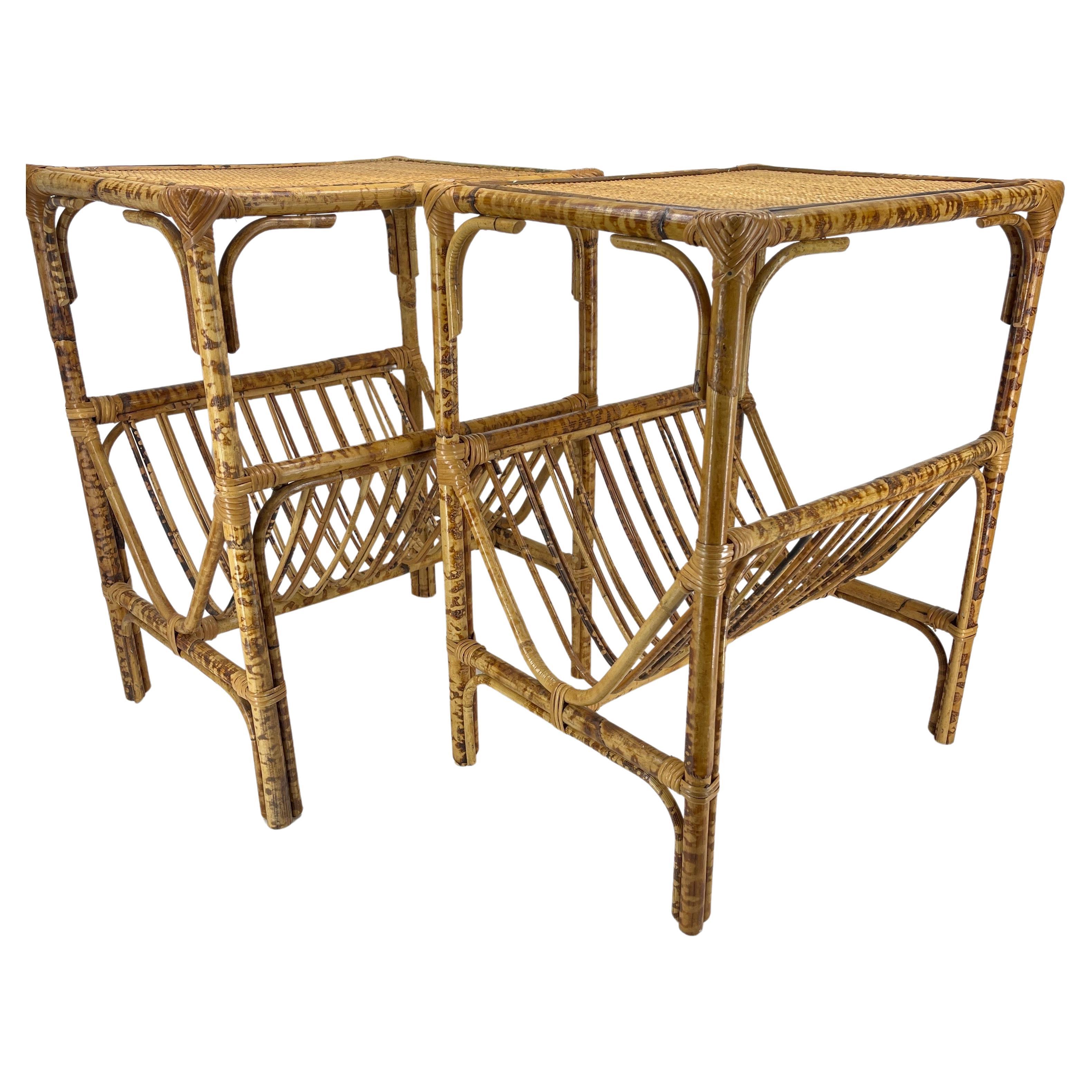 Pair Burnt Bamboo Woven Top Magazine Side Accent Tables For Sale