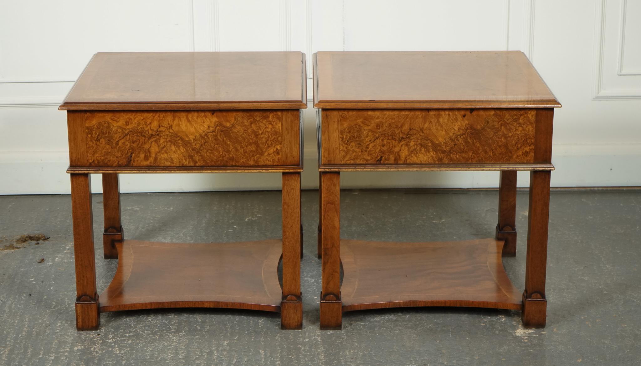 PAIR BURR WALNUT BEDSIDE NIGHTSTANDS END SIDE LAMP TABLES BRiGHTS OF Nettlebed Bon état - En vente à Pulborough, GB