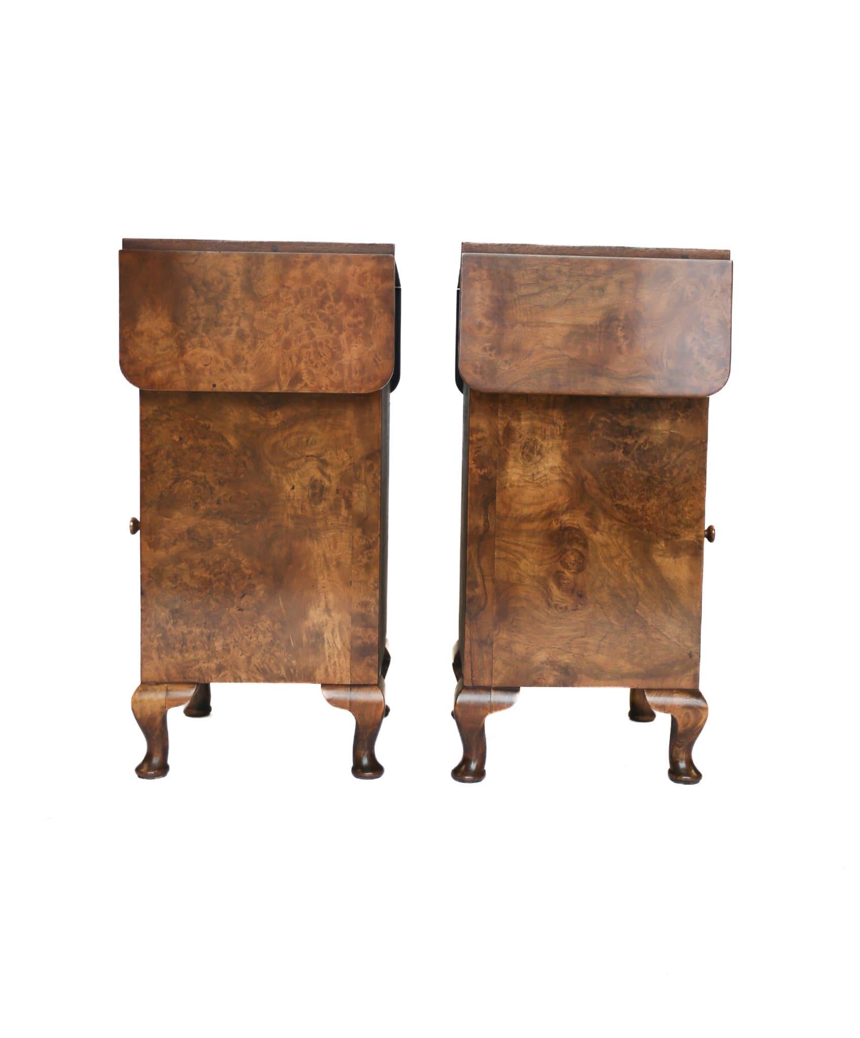 British Pair Burr Walnut Drop Leaf Bedside Cupboards/tables For Sale