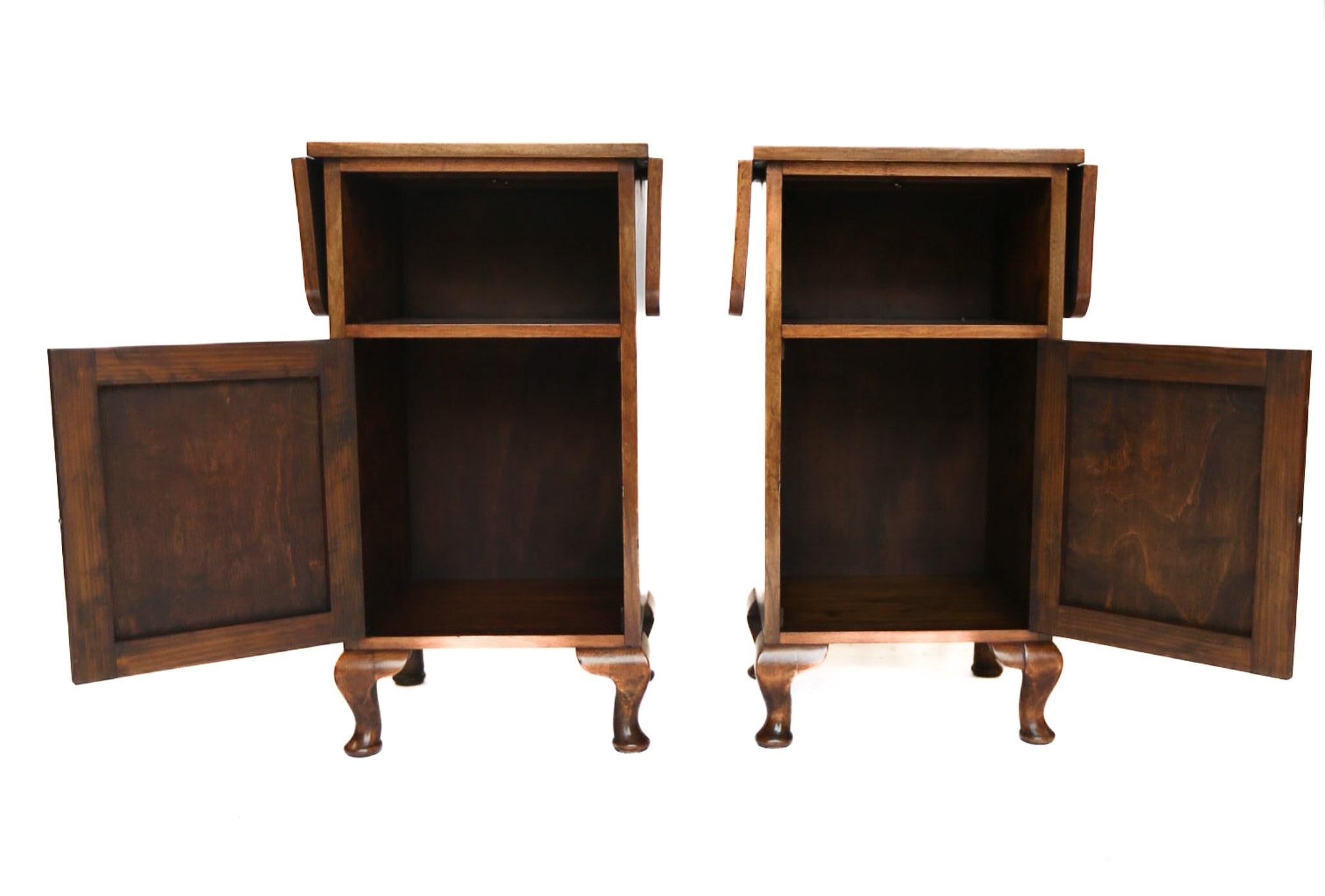 Polished Pair Burr Walnut Drop Leaf Bedside Cupboards/tables For Sale