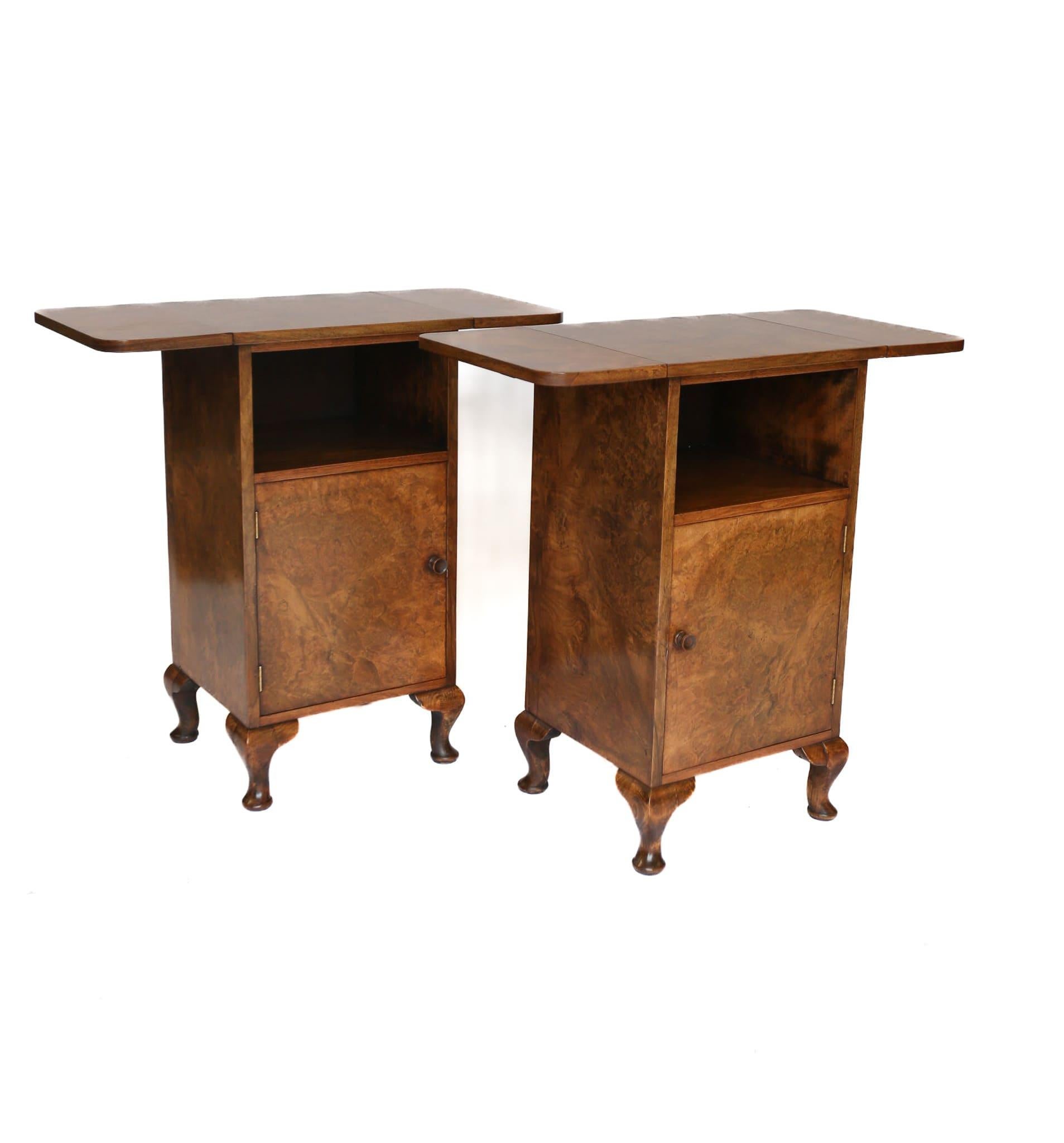 Mid-20th Century Pair Burr Walnut Drop Leaf Bedside Cupboards/tables For Sale