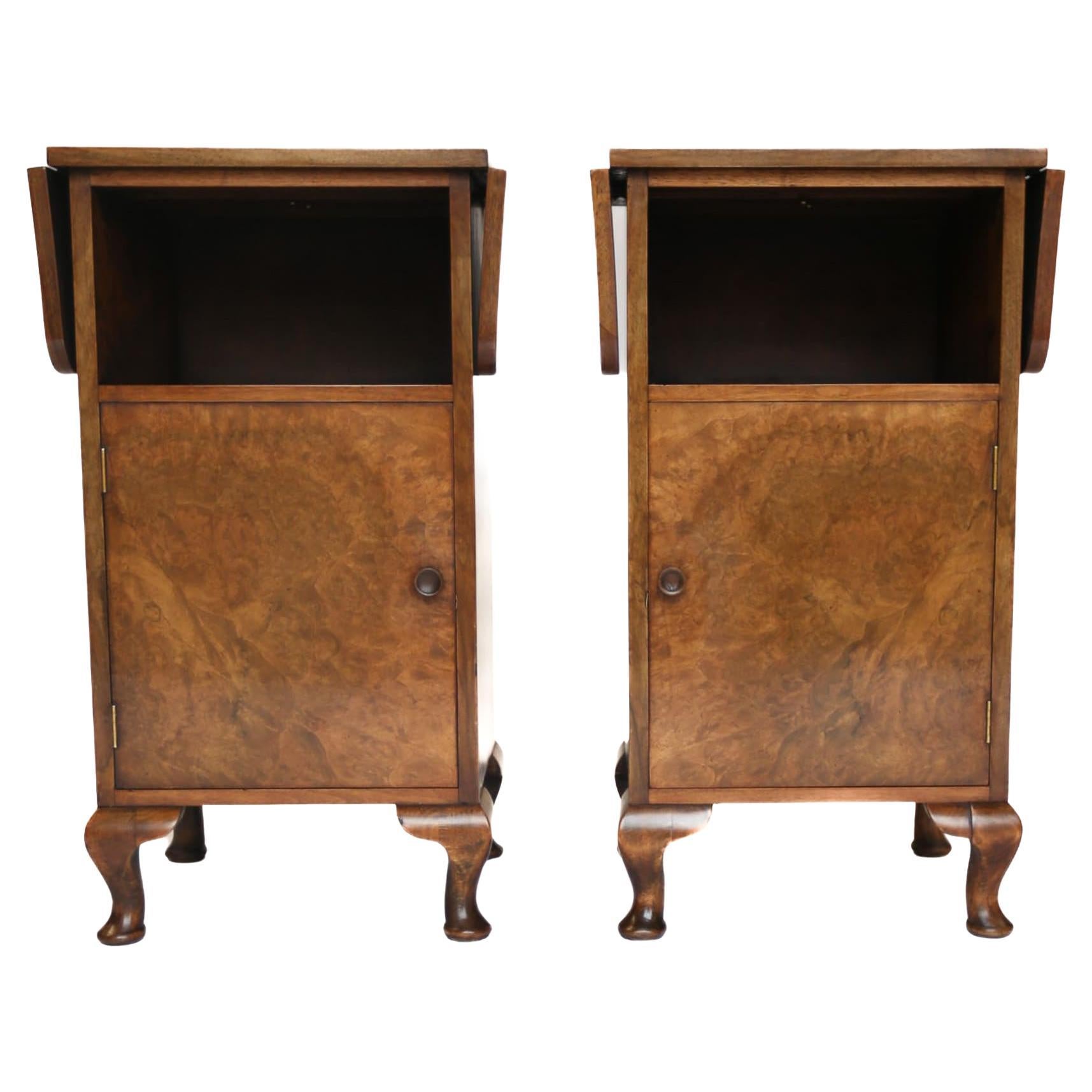 Pair Burr Walnut Drop Leaf Bedside Cupboards/tables