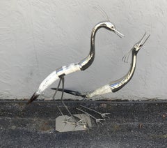 Pair of Italian Silver Plate & Horn Heron Bird Sculptures