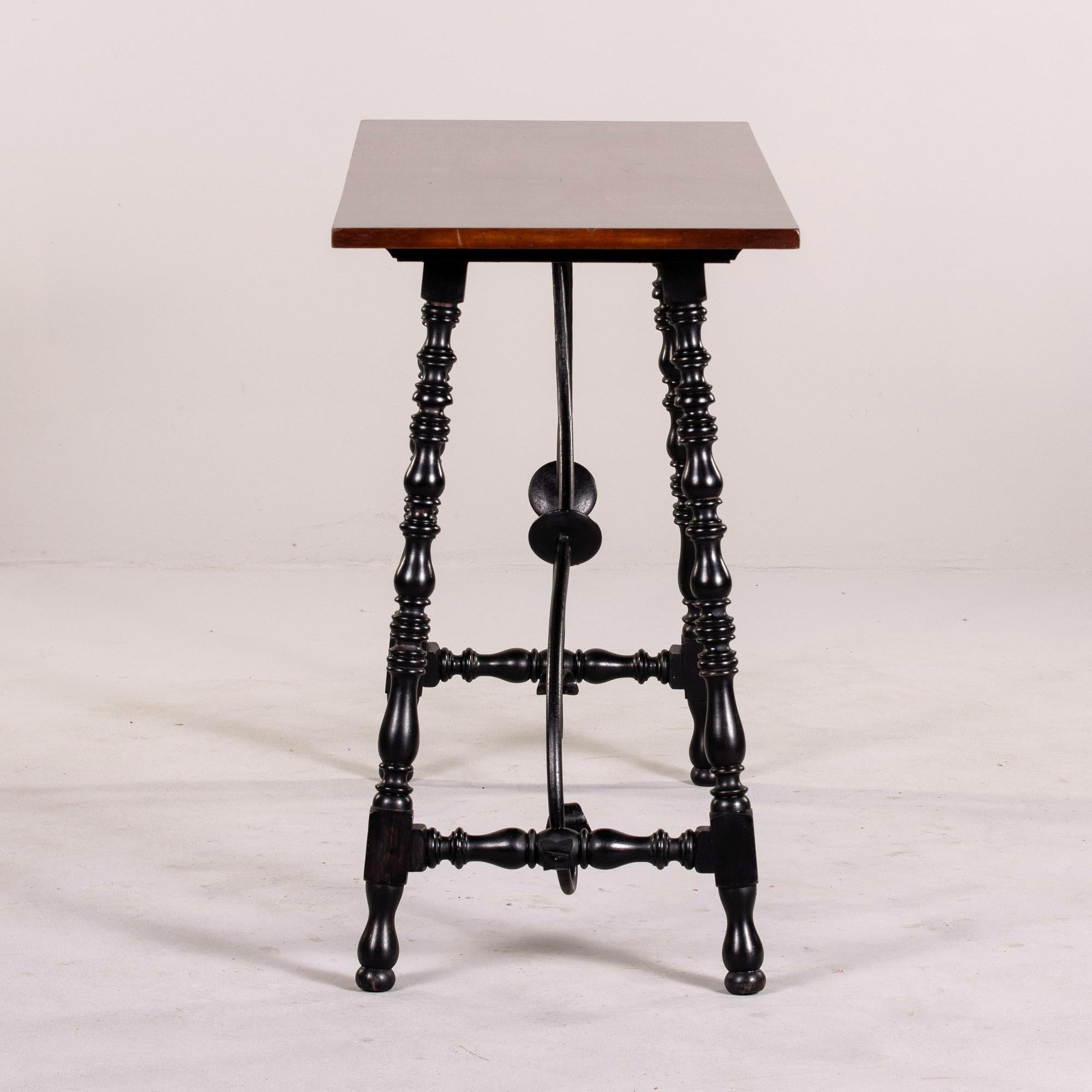 Pair C. 1900 Mahogany Tables with Turned Legs and Iron Stretcher For Sale 6