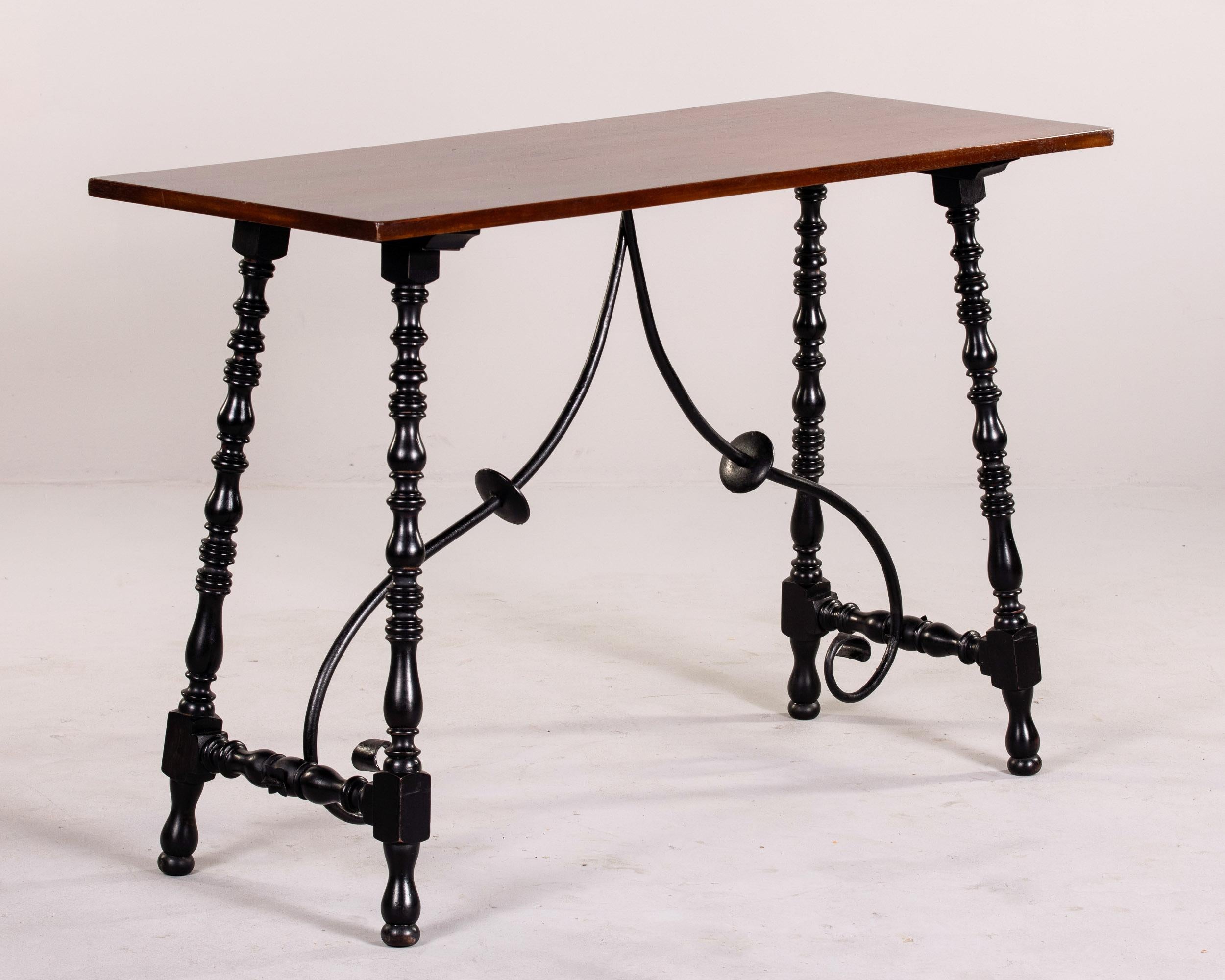 Pair C. 1900 Mahogany Tables with Turned Legs and Iron Stretcher For Sale 7