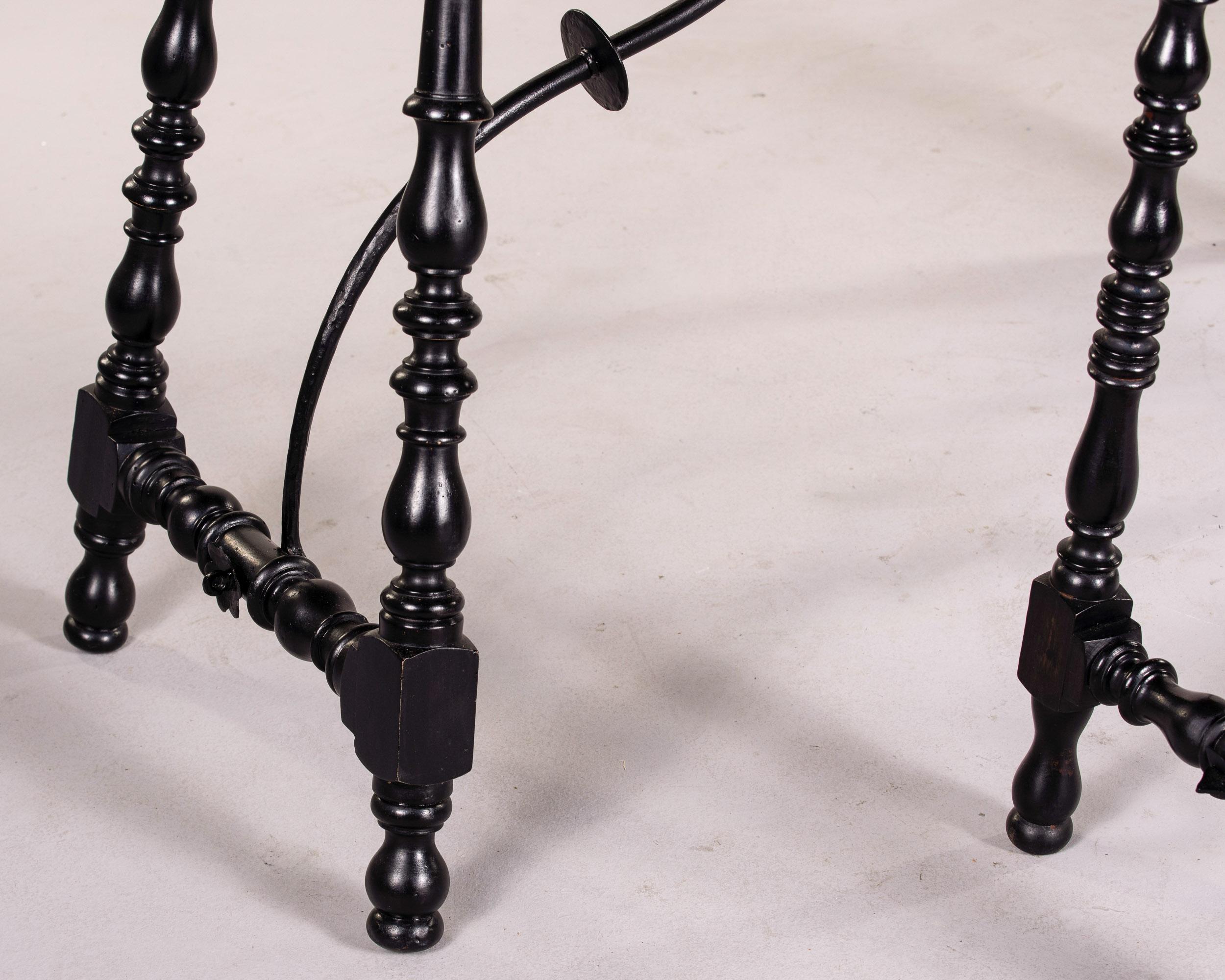 Pair C. 1900 Mahogany Tables with Turned Legs and Iron Stretcher In Good Condition For Sale In Troy, MI