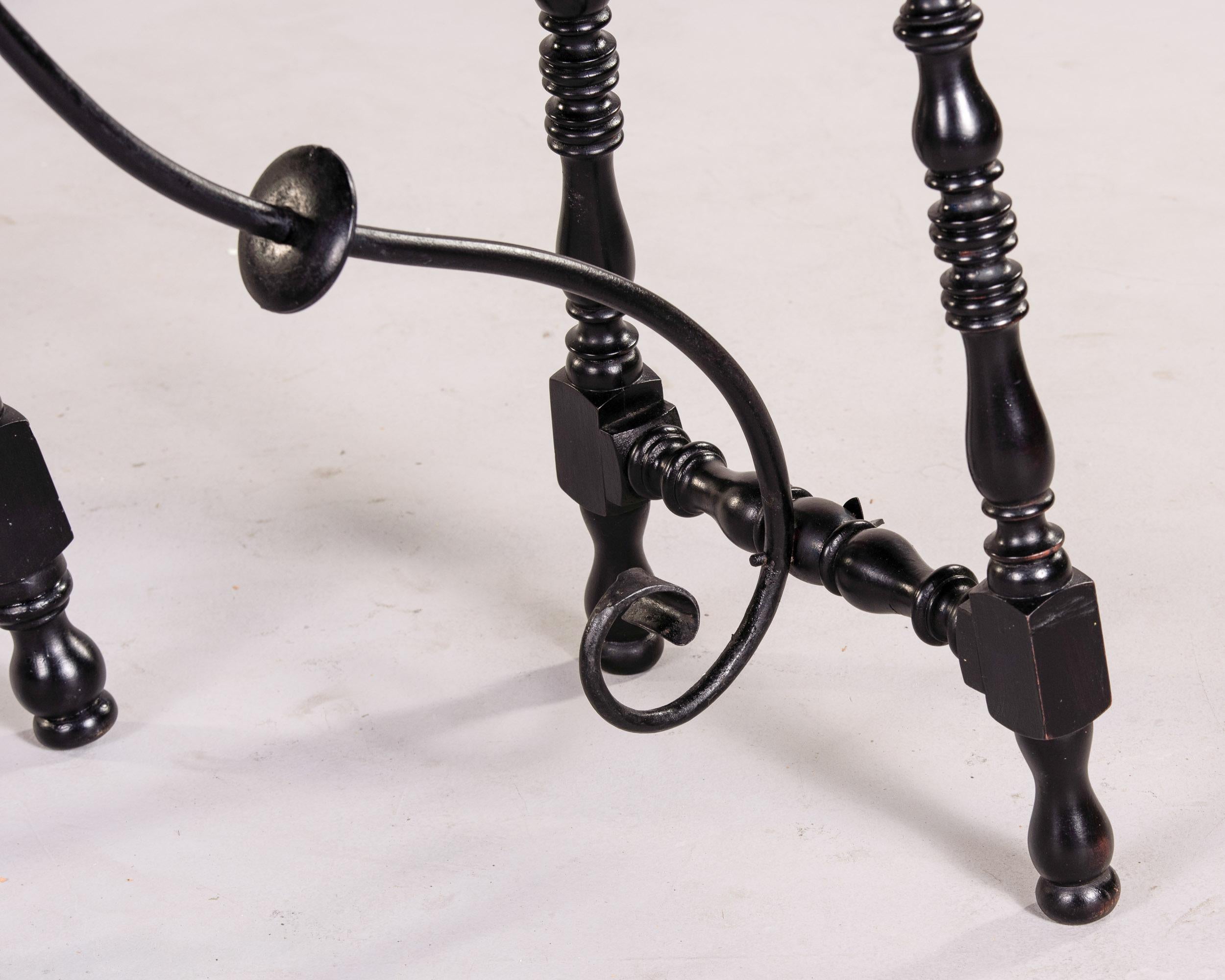 20th Century Pair C. 1900 Mahogany Tables with Turned Legs and Iron Stretcher For Sale