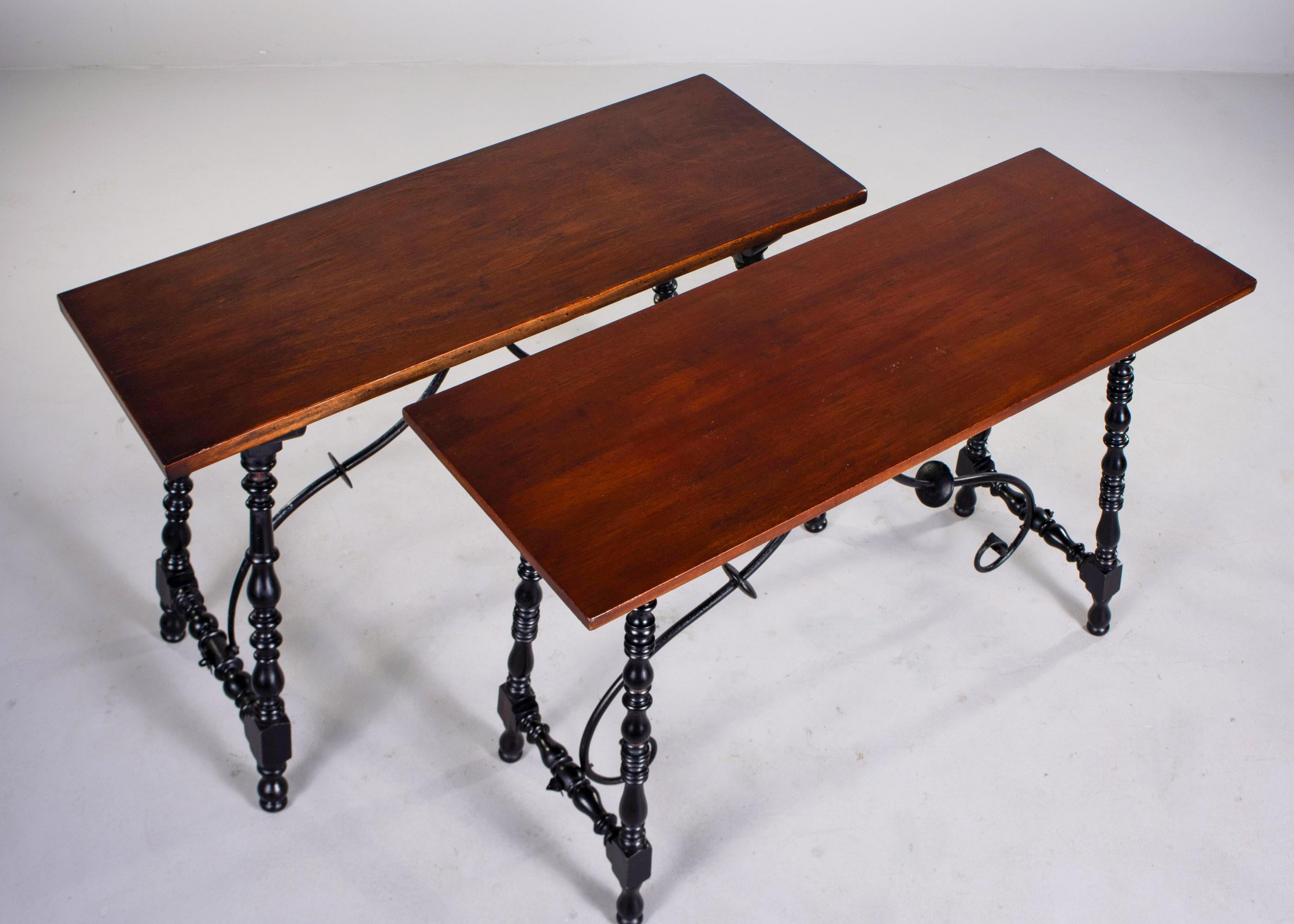 Pair C. 1900 Mahogany Tables with Turned Legs and Iron Stretcher For Sale 1
