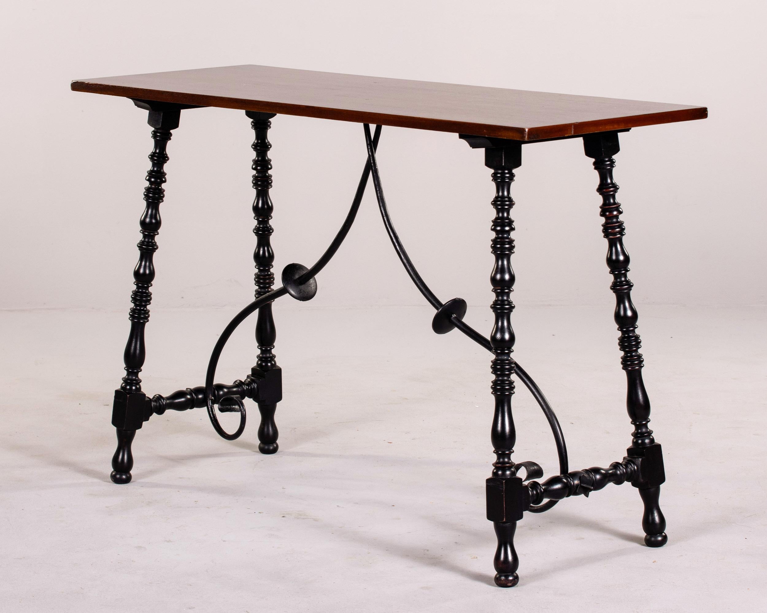 Pair C. 1900 Mahogany Tables with Turned Legs and Iron Stretcher For Sale 3