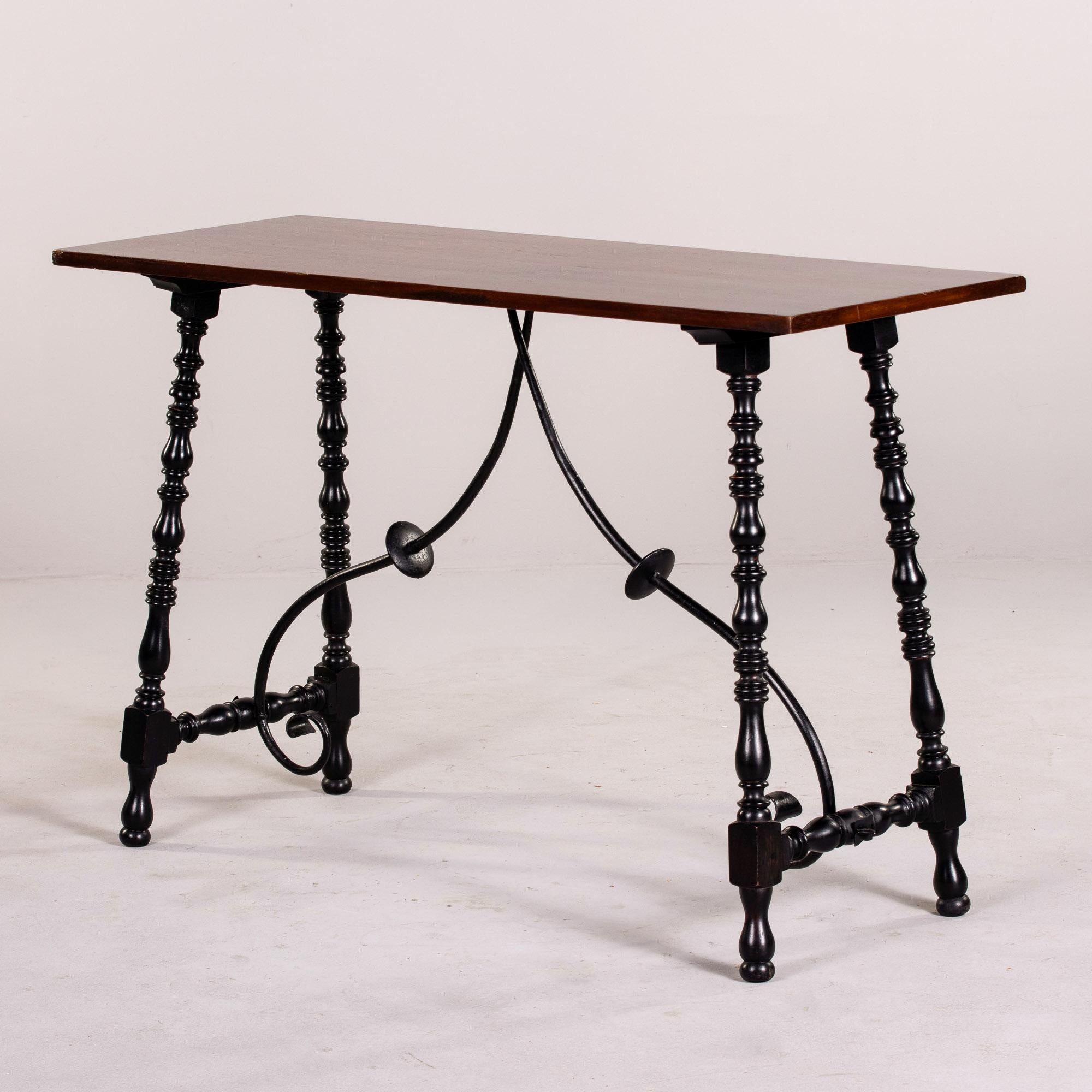 Pair C. 1900 Mahogany Tables with Turned Legs and Iron Stretcher For Sale 4