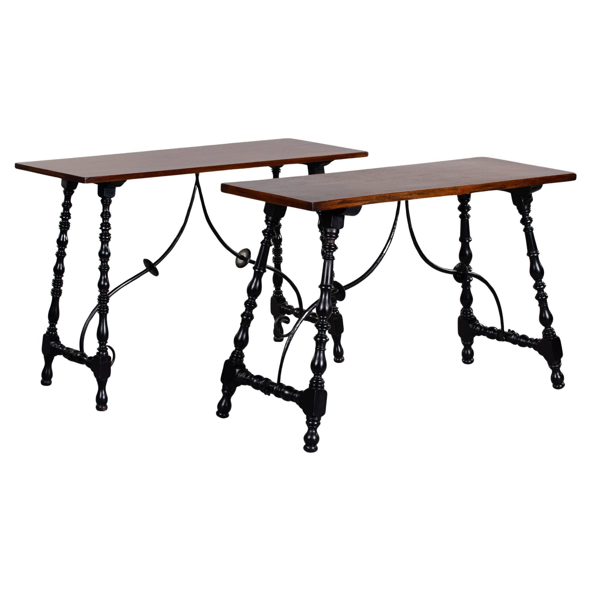 Pair C. 1900 Mahogany Tables with Turned Legs and Iron Stretcher For Sale