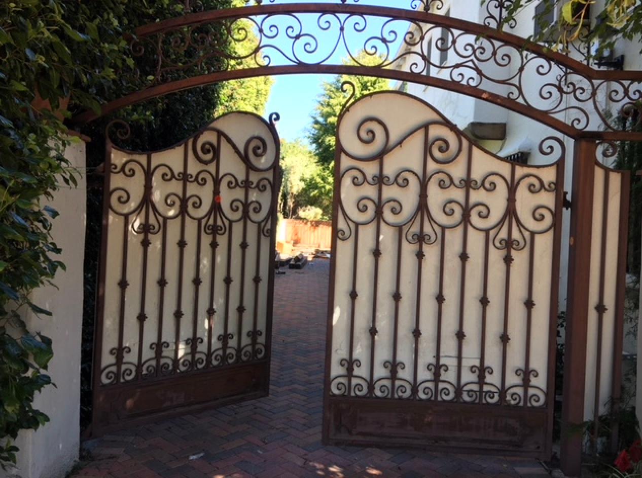 American Pair C 1920's Hand Forged Wrought Iron Driveway Gates From Beverly Hills Estate For Sale
