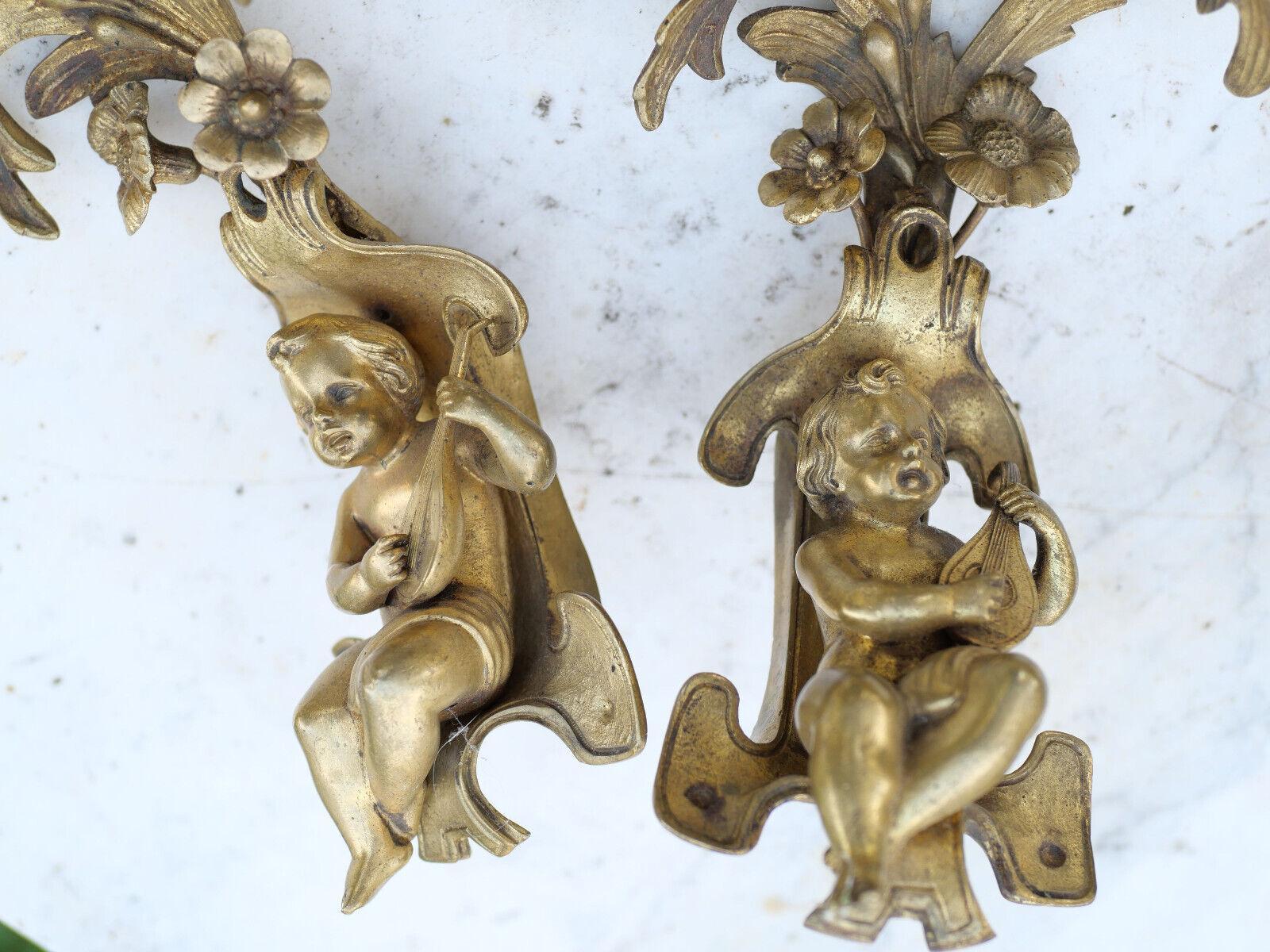 Pair c1800 French Louis XVI Rococo style Gilt Bronze Musical Cherubs - Original For Sale 8