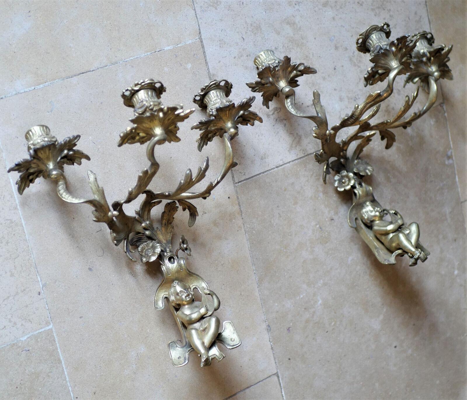 Pair c1800 French Louis XVI Rococo style Gilt Bronze Musical Cherubs - Original For Sale 5