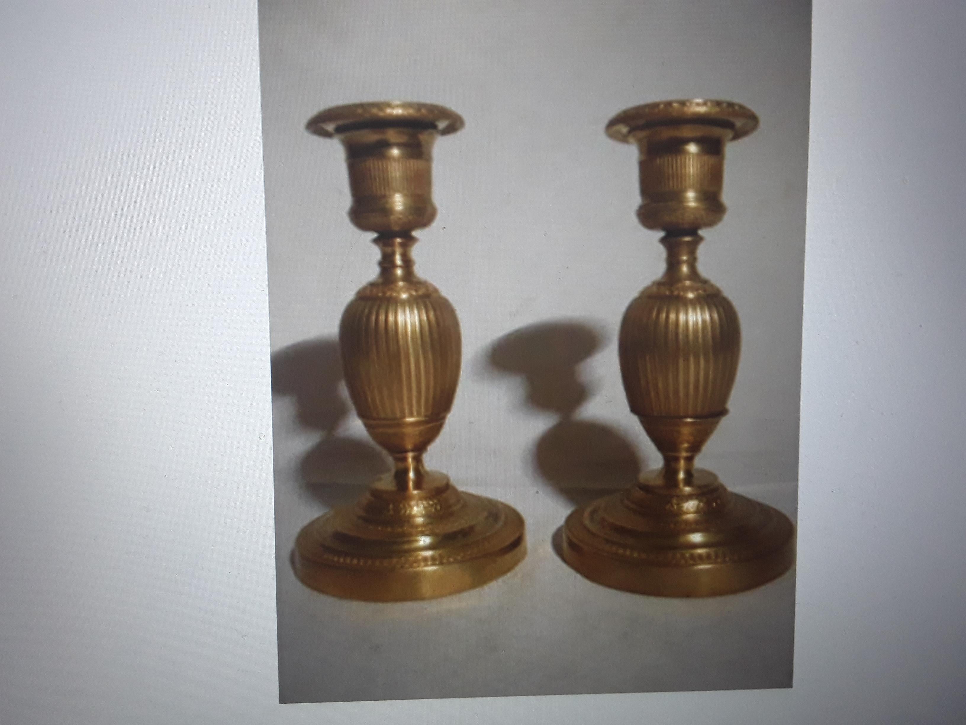 Pair c1810 French Empire Gilt Bronze Ovoid Form Candle Holders/ Candlesticks. Highly detailed antiquity.