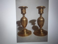 Pair c1810 French Empire Gilt Bronze Detailed Ovoid Form Candle Holders