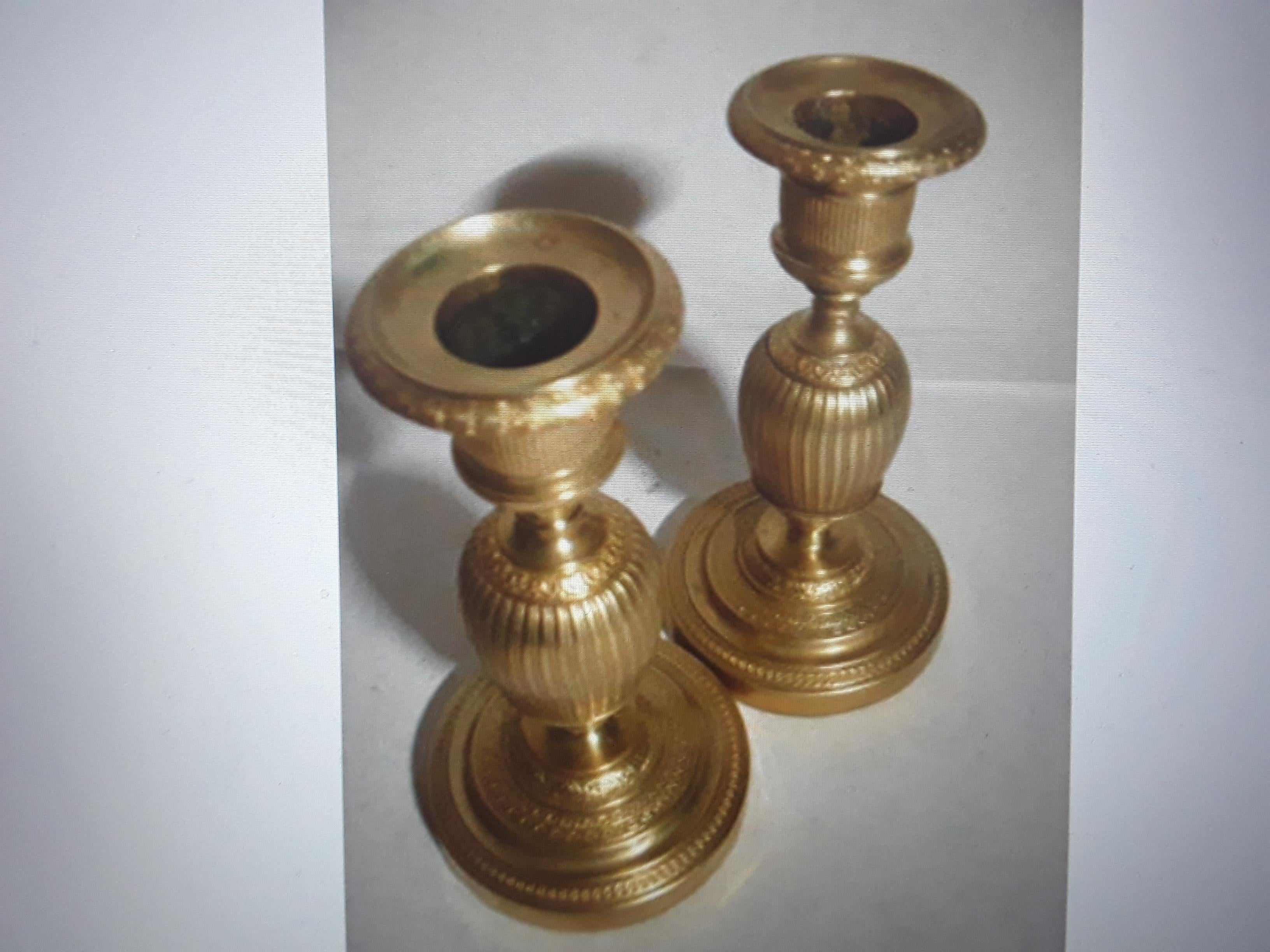 Early 19th Century Pair c1810 French Empire Gilt Bronze Detailed Ovoid Form Candle Holders For Sale