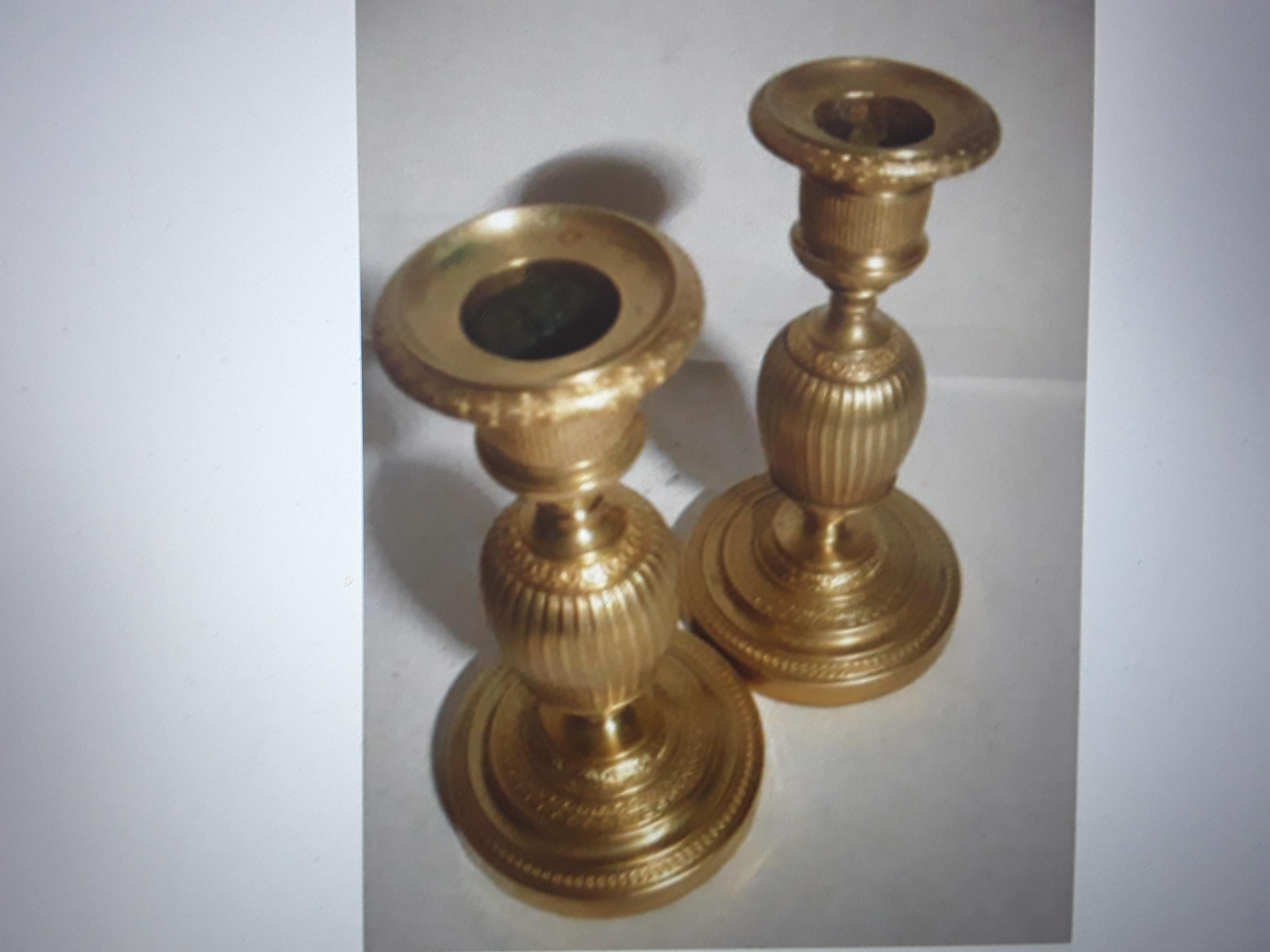 Pair c1810 French Empire Gilt Bronze Detailed Ovoid Form Candle Holders For Sale 1