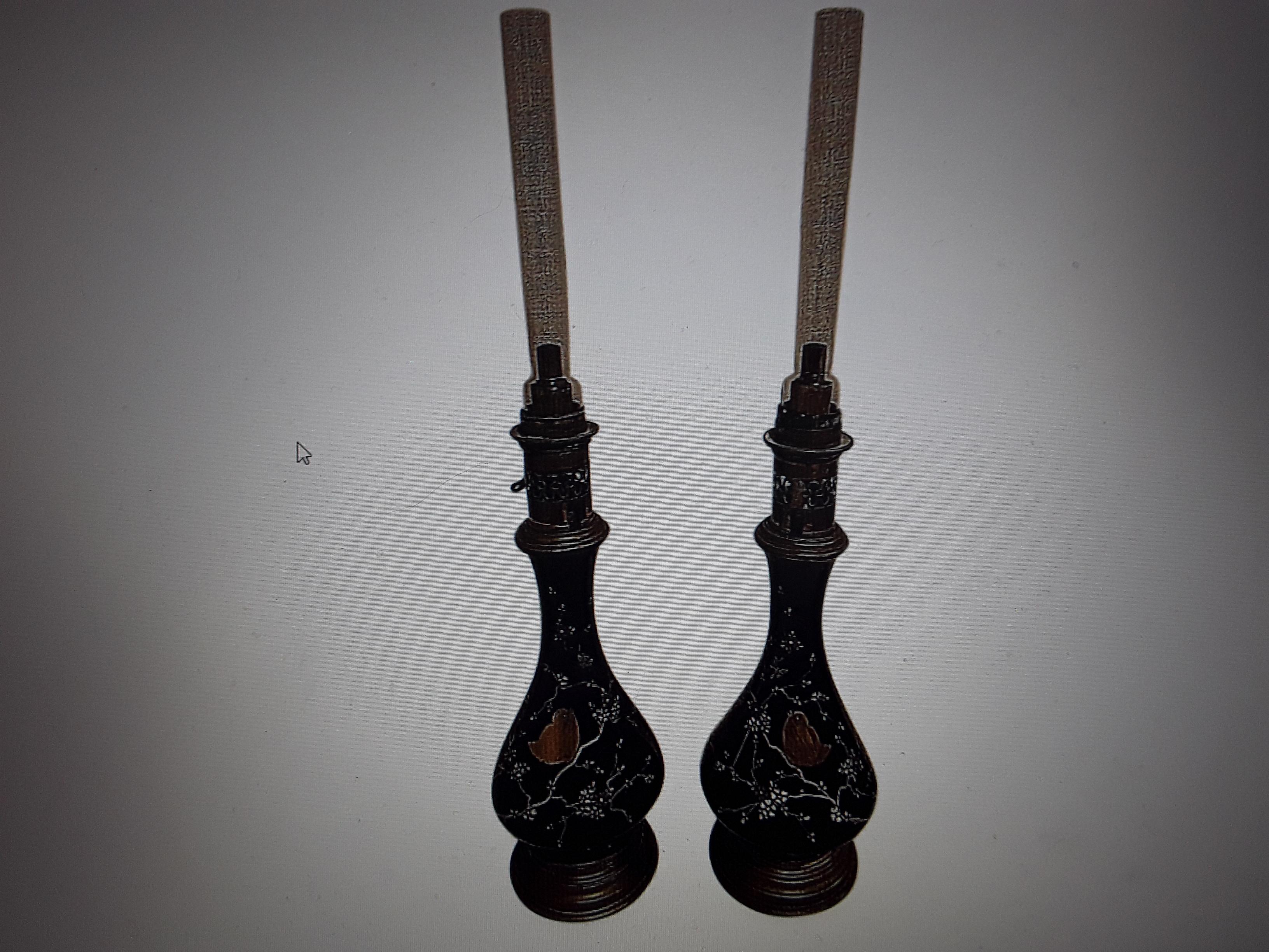 Pair c1870's Russian Napoleon III Black Opaline Lamp with Bird Decor- Oil Lamps For Sale 6