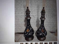 Pair c1870's Russian Napoleon III Black Opaline Lamp with Bird Decor- Oil Lamps