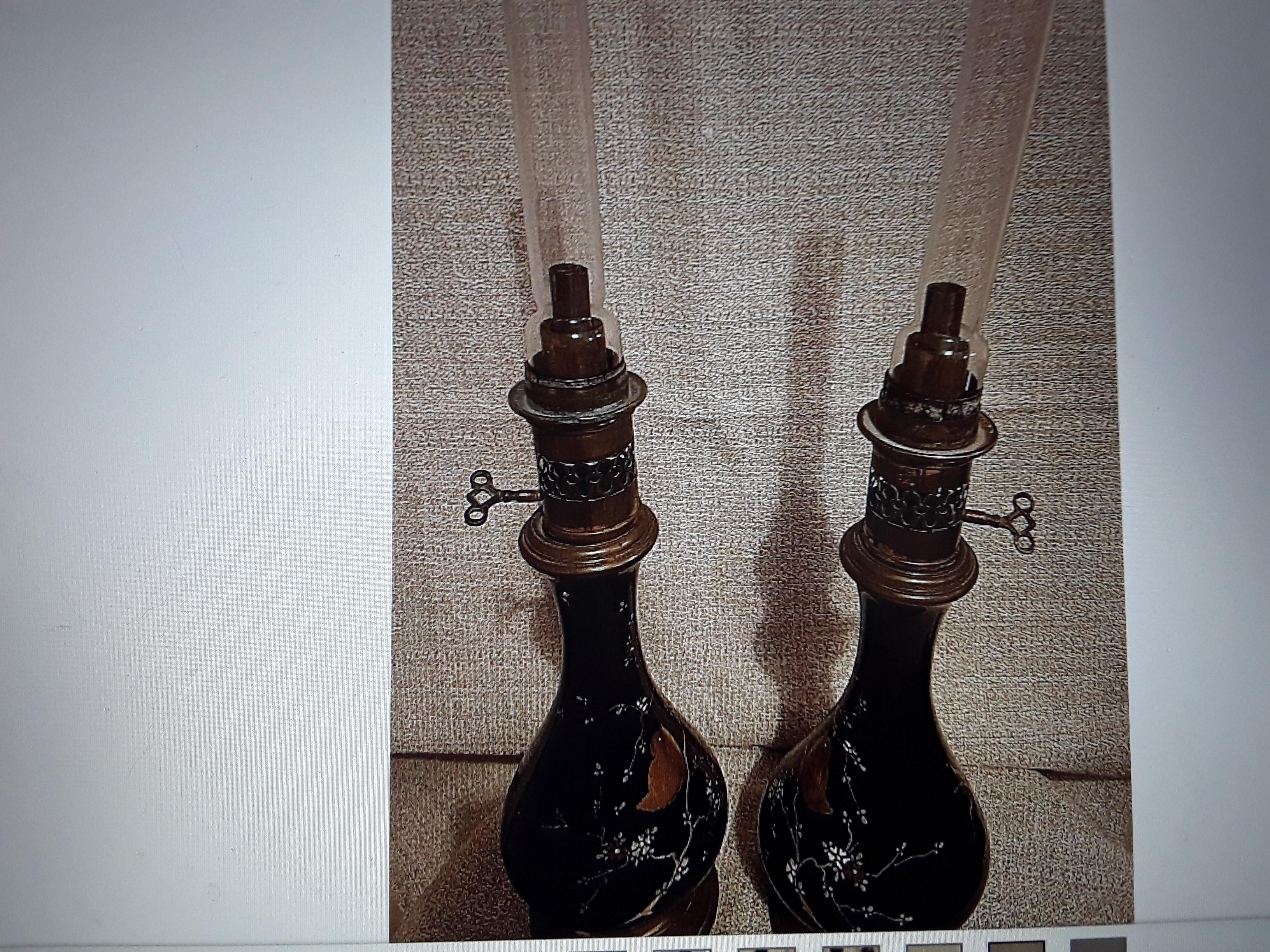 Pair c1870's Russian Napoleon III Black Opaline Lamp with Bird Decor- Oil Lamps In Good Condition For Sale In Opa Locka, FL