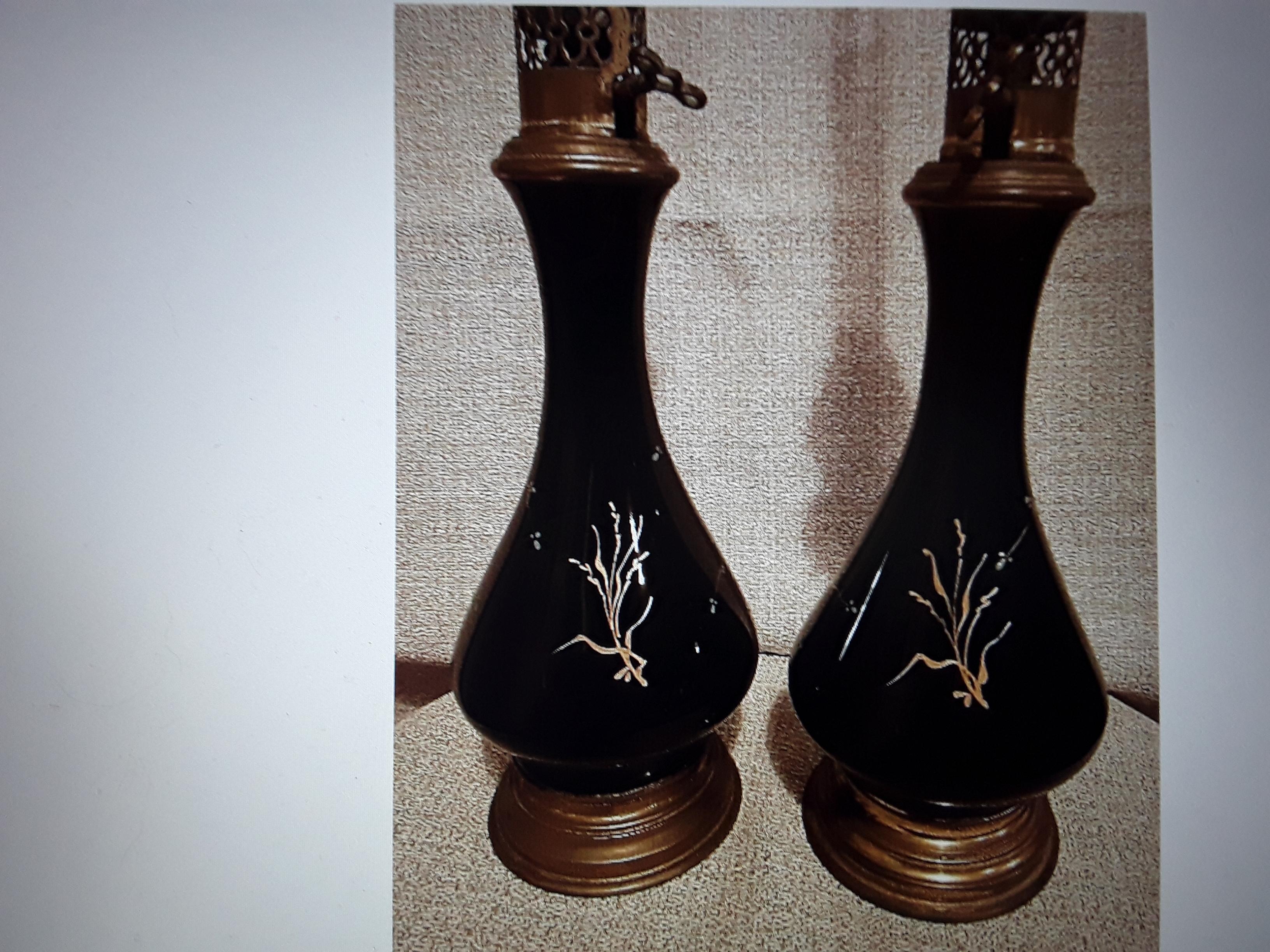 Art Glass Pair c1870's Russian Napoleon III Black Opaline Lamp with Bird Decor- Oil Lamps For Sale