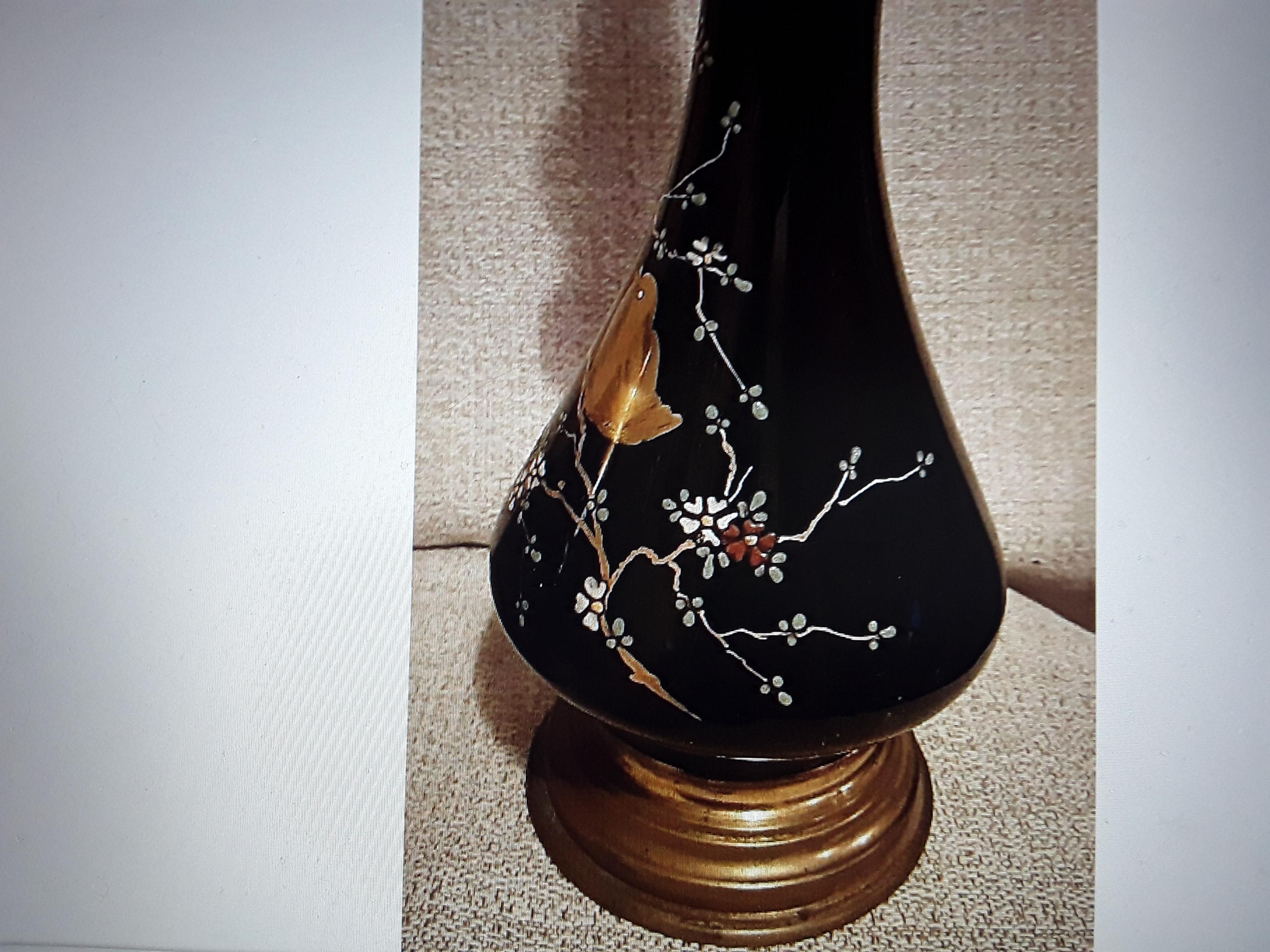 Pair c1870's Russian Napoleon III Black Opaline Lamp with Bird Decor- Oil Lamps For Sale 2