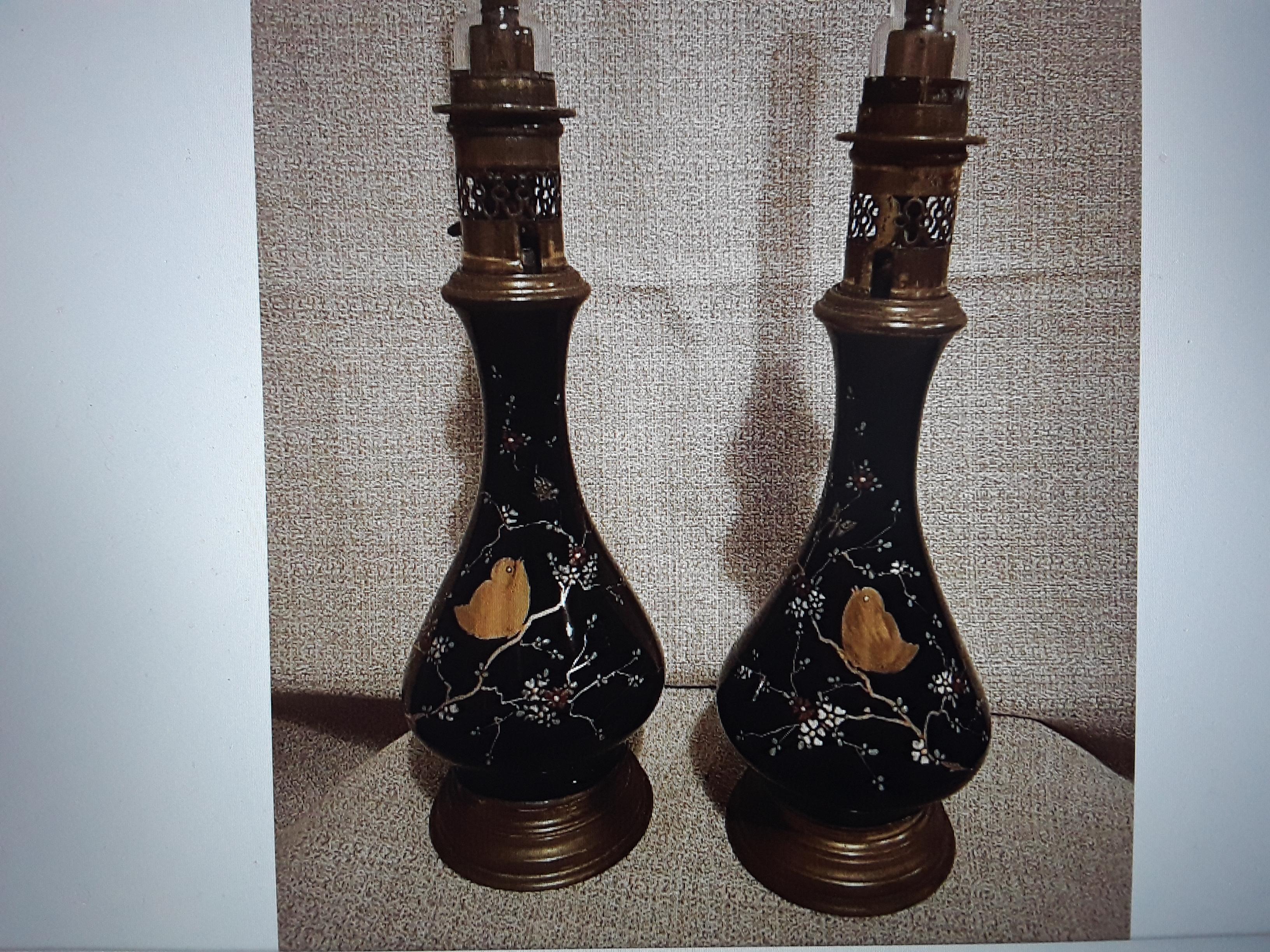 Pair c1870's Russian Napoleon III Black Opaline Lamp with Bird Decor- Oil Lamps For Sale 4