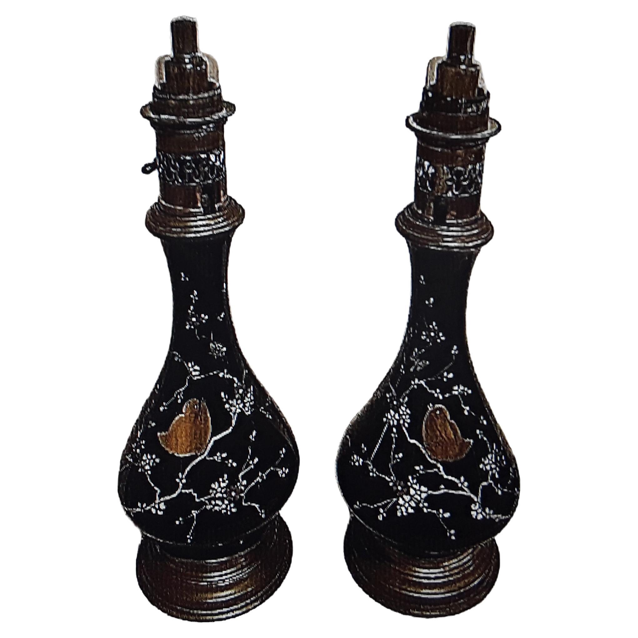 Pair c1870's Russian Napoleon III Black Opaline Lamp with Bird Decor- Oil Lamps For Sale