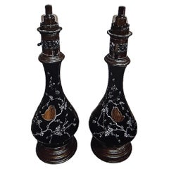 Antique Pair c1870's Russian Napoleon III Black Opaline Lamp with Bird Decor- Oil Lamps