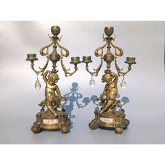 Pair c1880 Antique French Louis XVI Gilt Bronze Figural Cherub/ Putti Candelabra