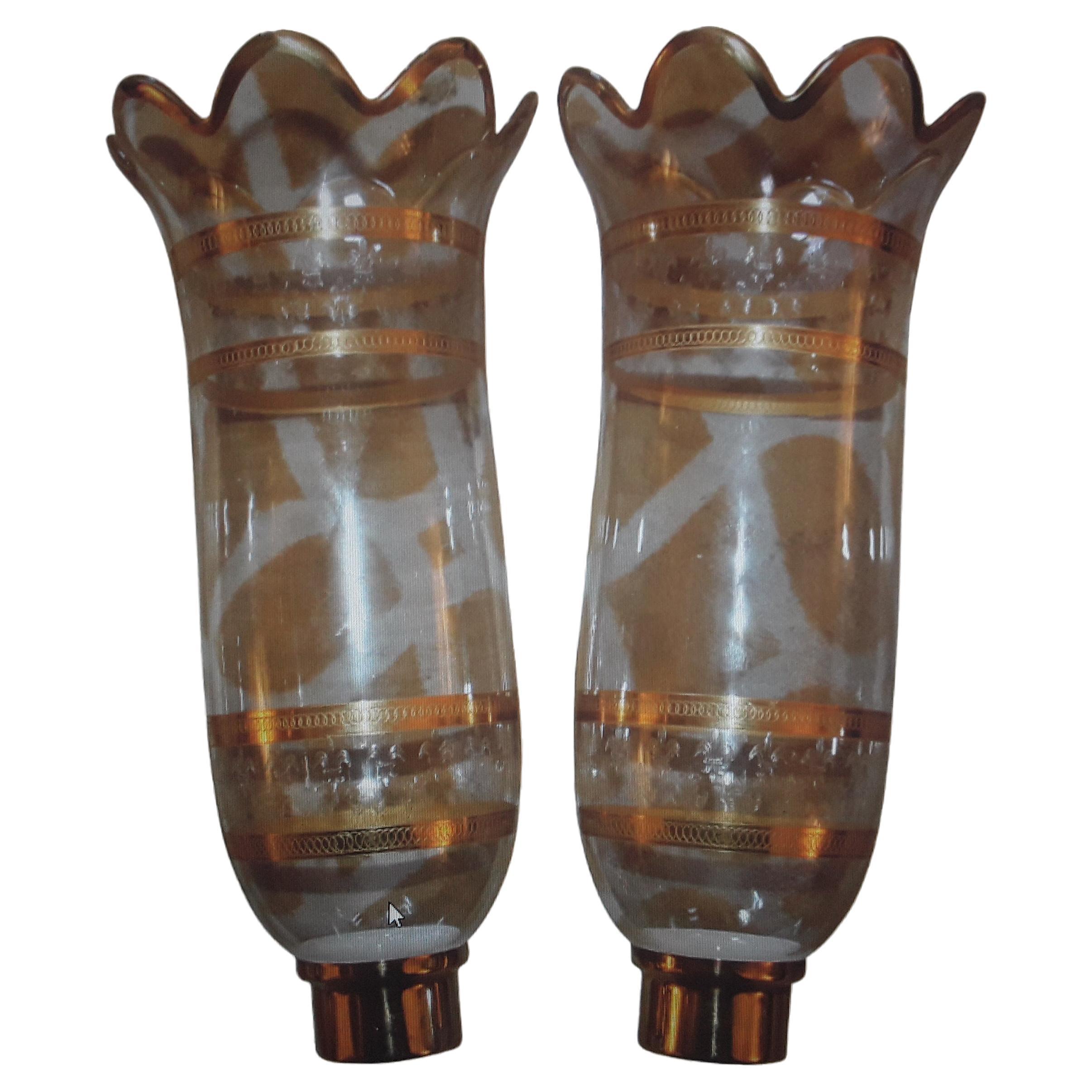 Pair c1890 French Napolean III 24k Carved Fleur de Lis Baccarat Fixture Shades For Sale