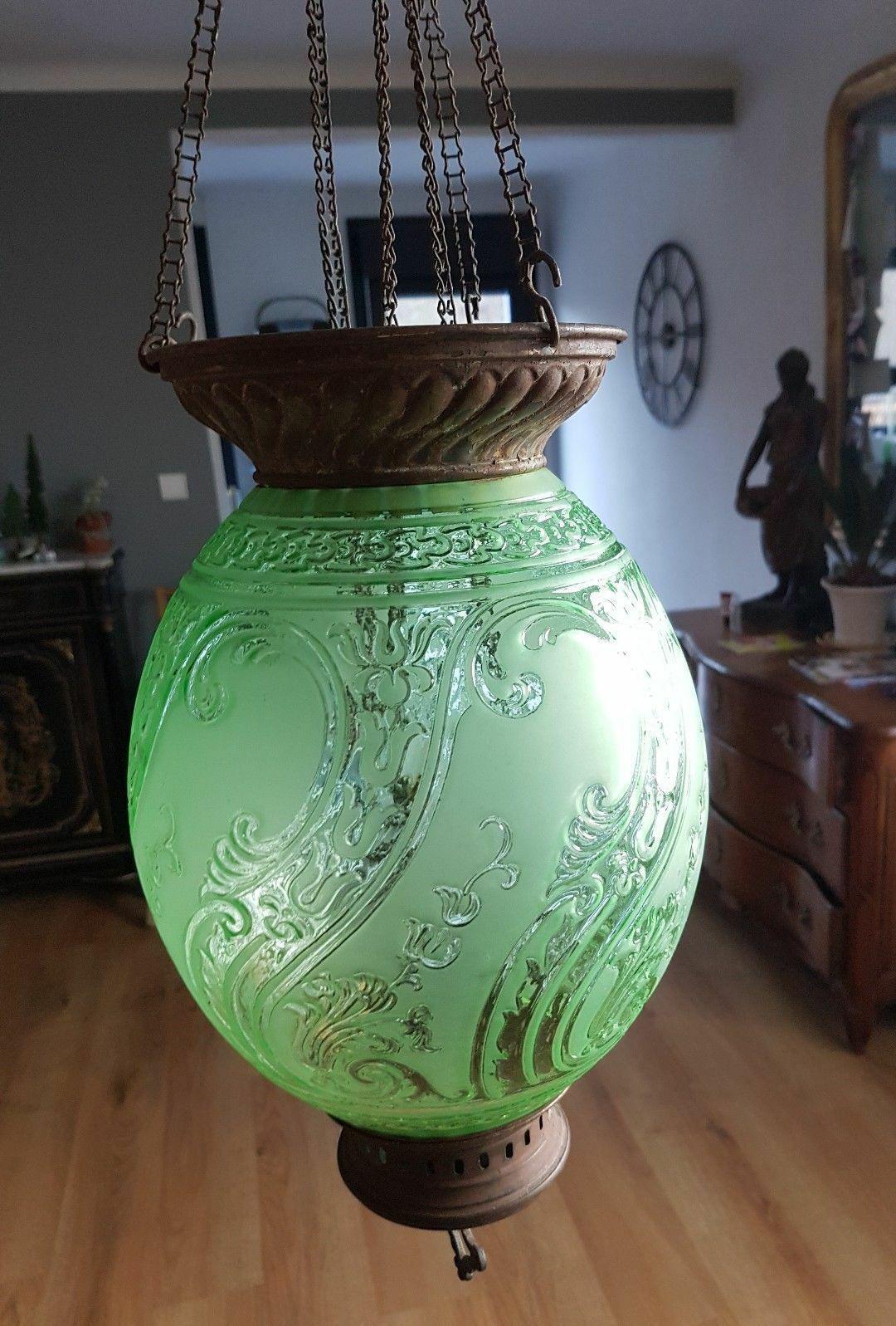 c1890's French Napoleon III Emerald Green Crystal Lantern by Baccarat France. There is documentation of this style of Baccarat oil converted to electric Lanterns.