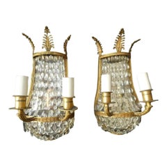 Pair c1900 French Neoclassical Gilt Bronze/ Crystal Wall Sconces attrib. Bagues