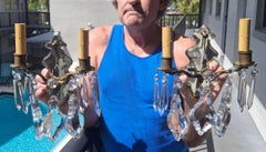 Pair c1900 Louis XV Bronze w/ Crystal Mirror Back Pendalog Sconces EF Caldwell