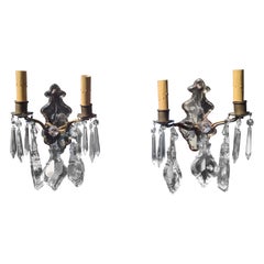 Pair c1900 Louis XV Bronze w/ Crystal Mirror Back Pendalog Sconces EF Caldwell