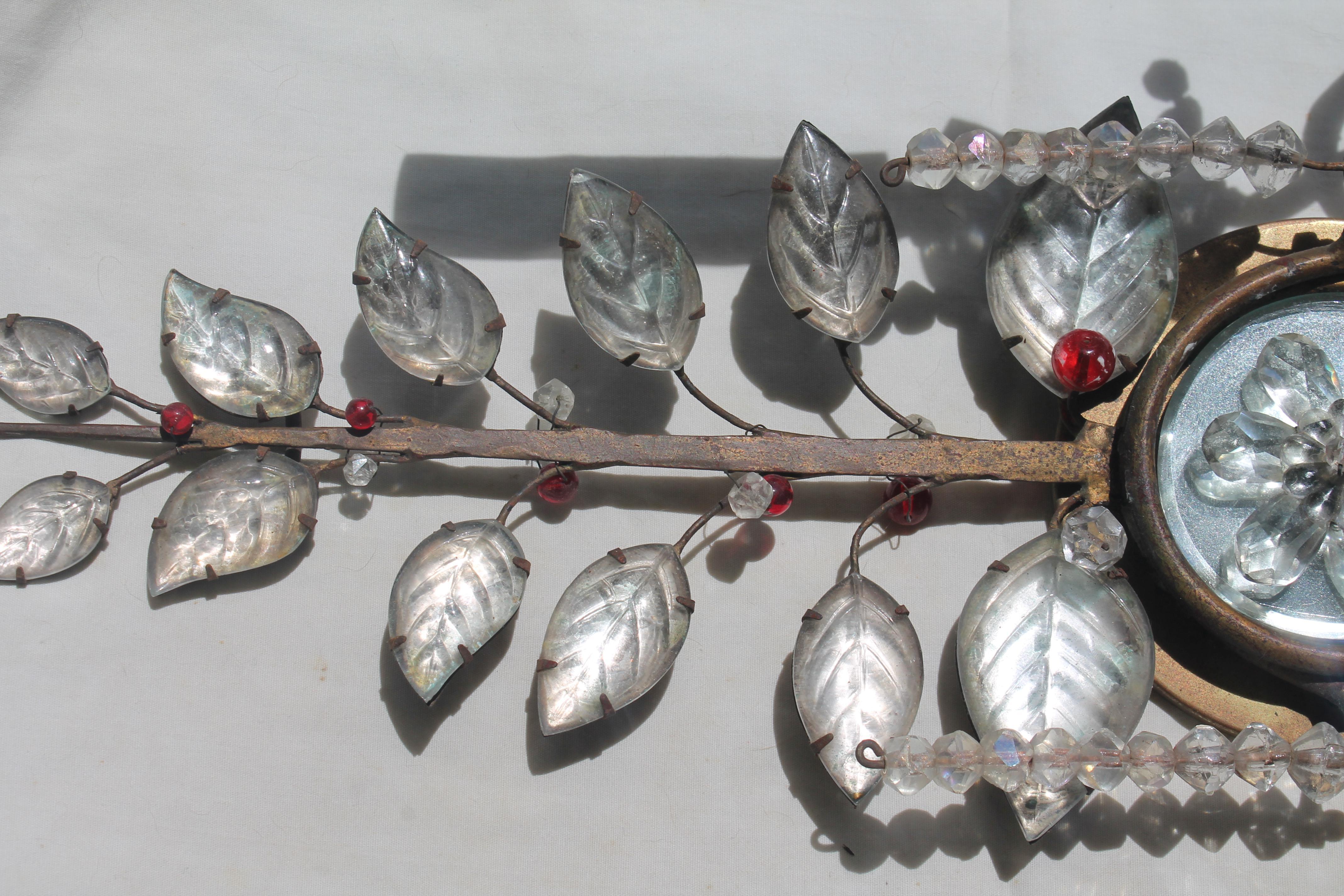 Early 20th Century Pair c1910 French Maison Bagues Bronze Vines & Crystal Petal Floral Wall Sconces For Sale