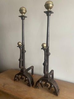 Pair c1910 Wrought Iron and Brass Andirons in the manner of Samuel Yellin