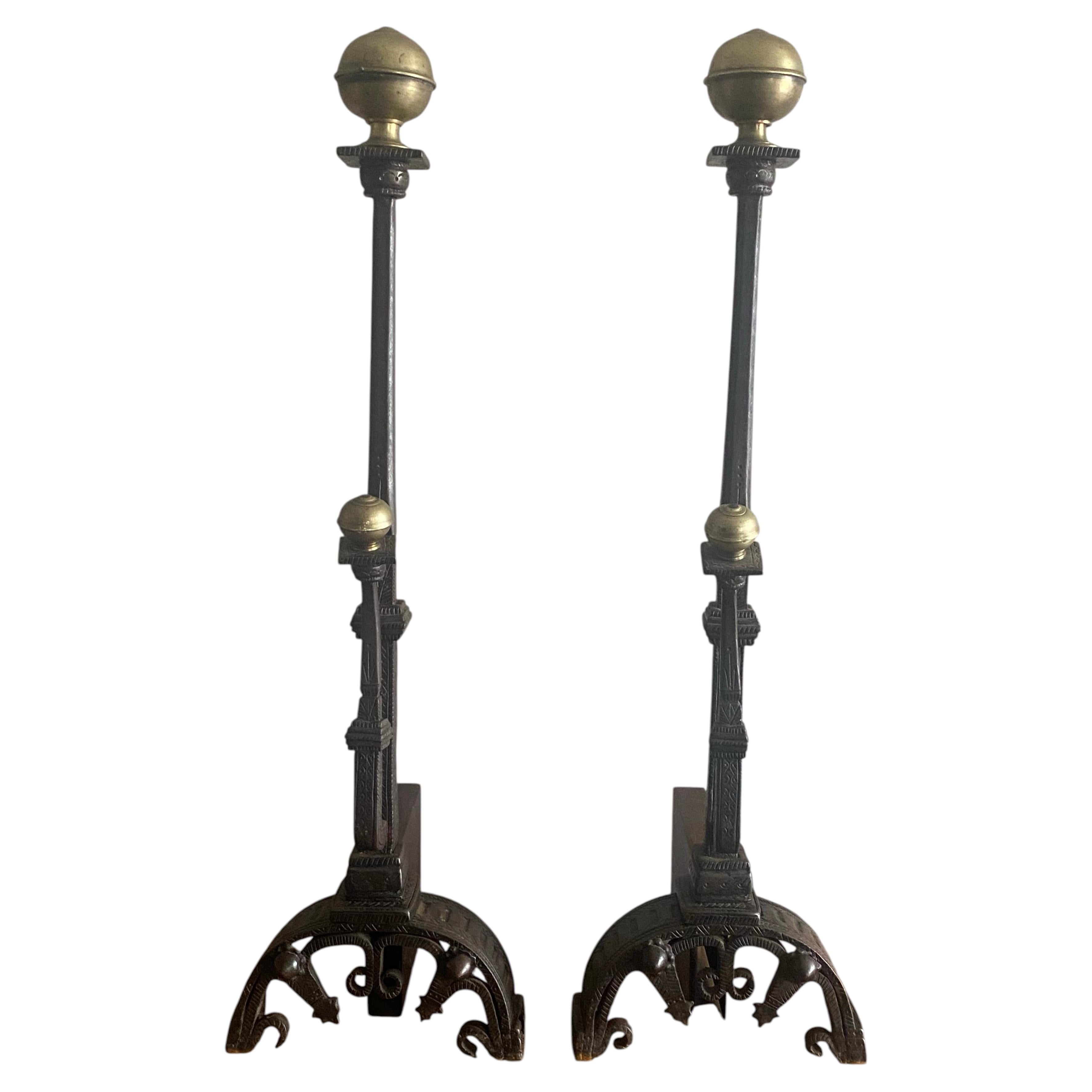 Pair c1910 Wrought Iron and Brass Andirons in the manner of Samuel Yellin