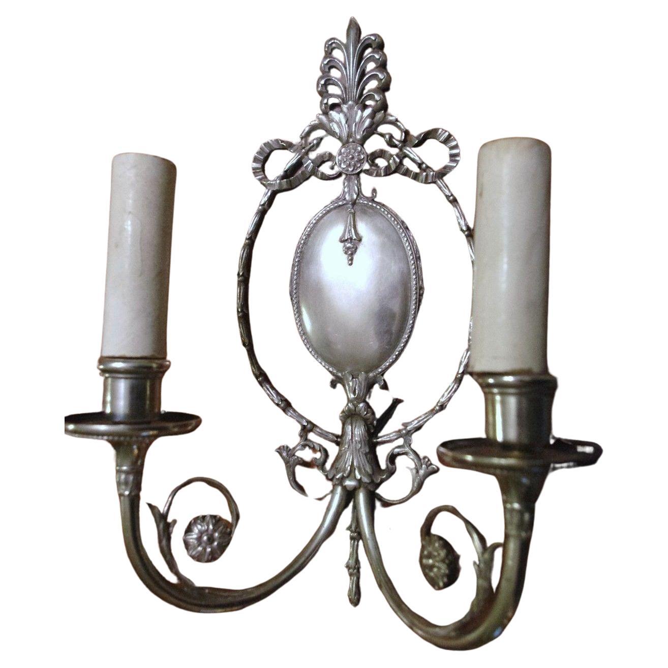 Pair of Documented c1913 Bronze/ Silverplate Neoclassical Wall Sconces by E.F. Caldwell. Please look closely at the pictures the detail is amazing! I purchased these directly from an Antique Dealer who specializes in E.F. Caldwell lighting. These