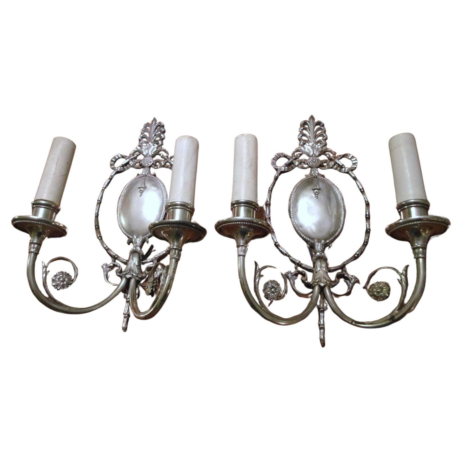Pair c1913 E.F. Caldwell Neoclassic Bronze & Silverplate Wall Sconces For Sale