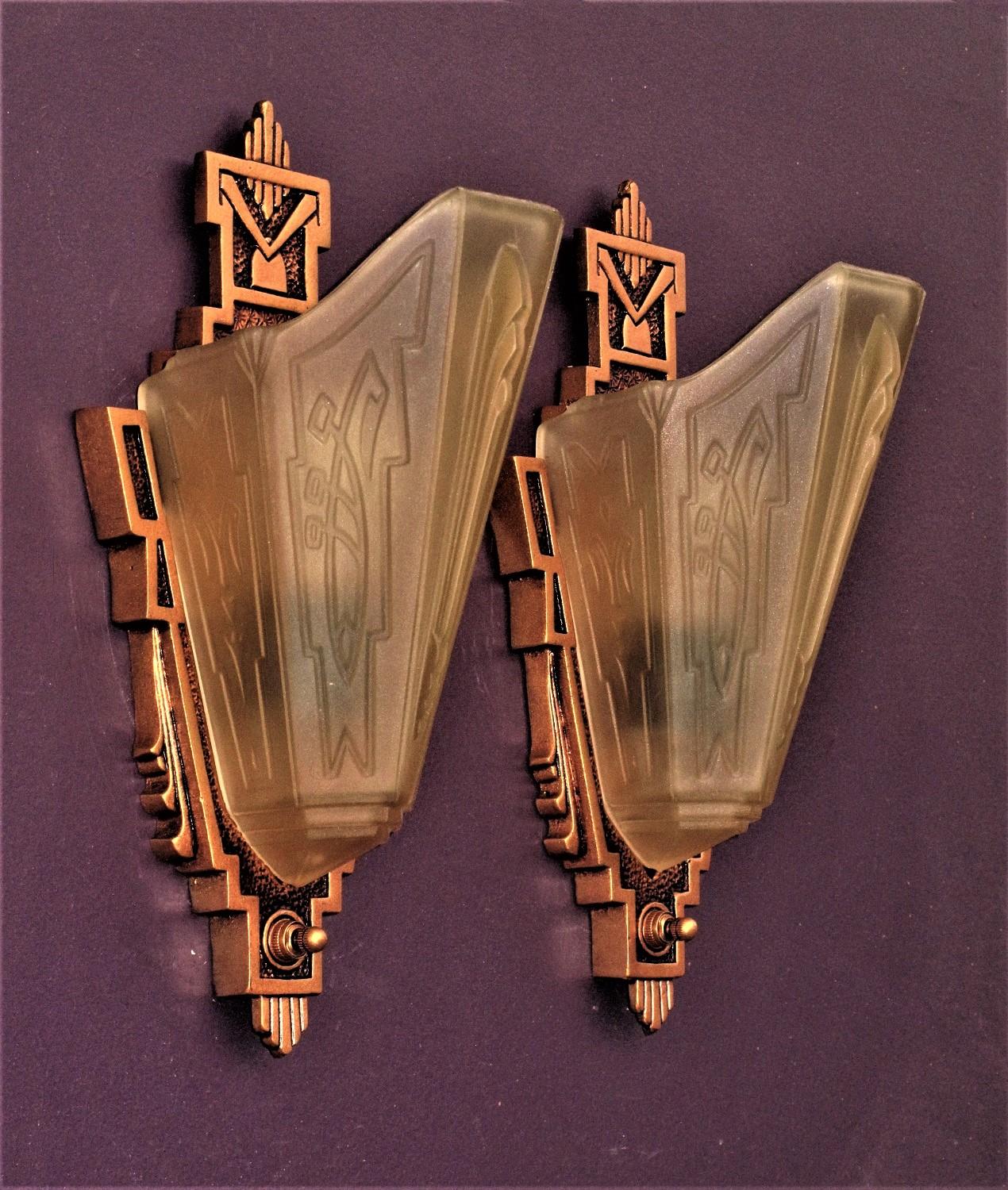 Art Deco Pair c1930 Sconces with Consolidated Glass Slip Shades