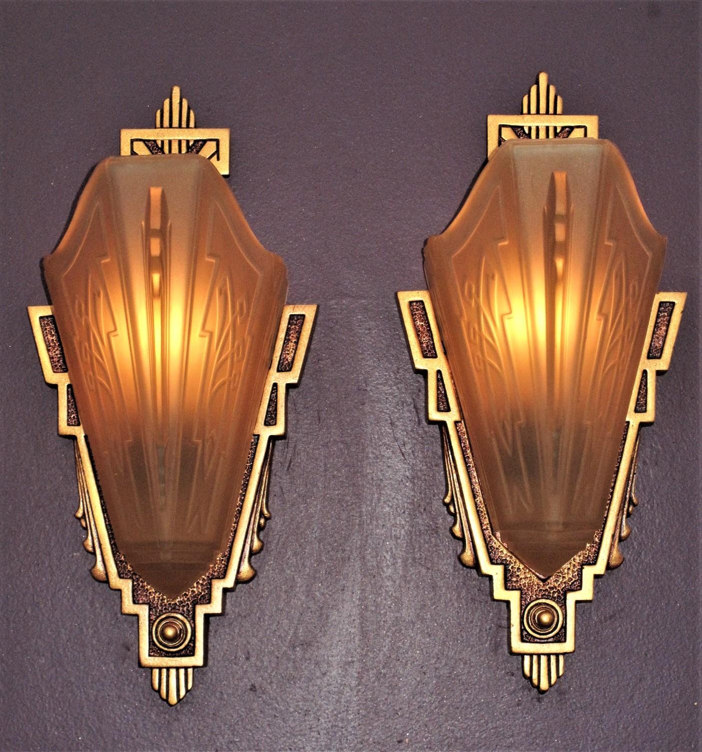 American Pair c1930 Sconces with Consolidated Glass Slip Shades