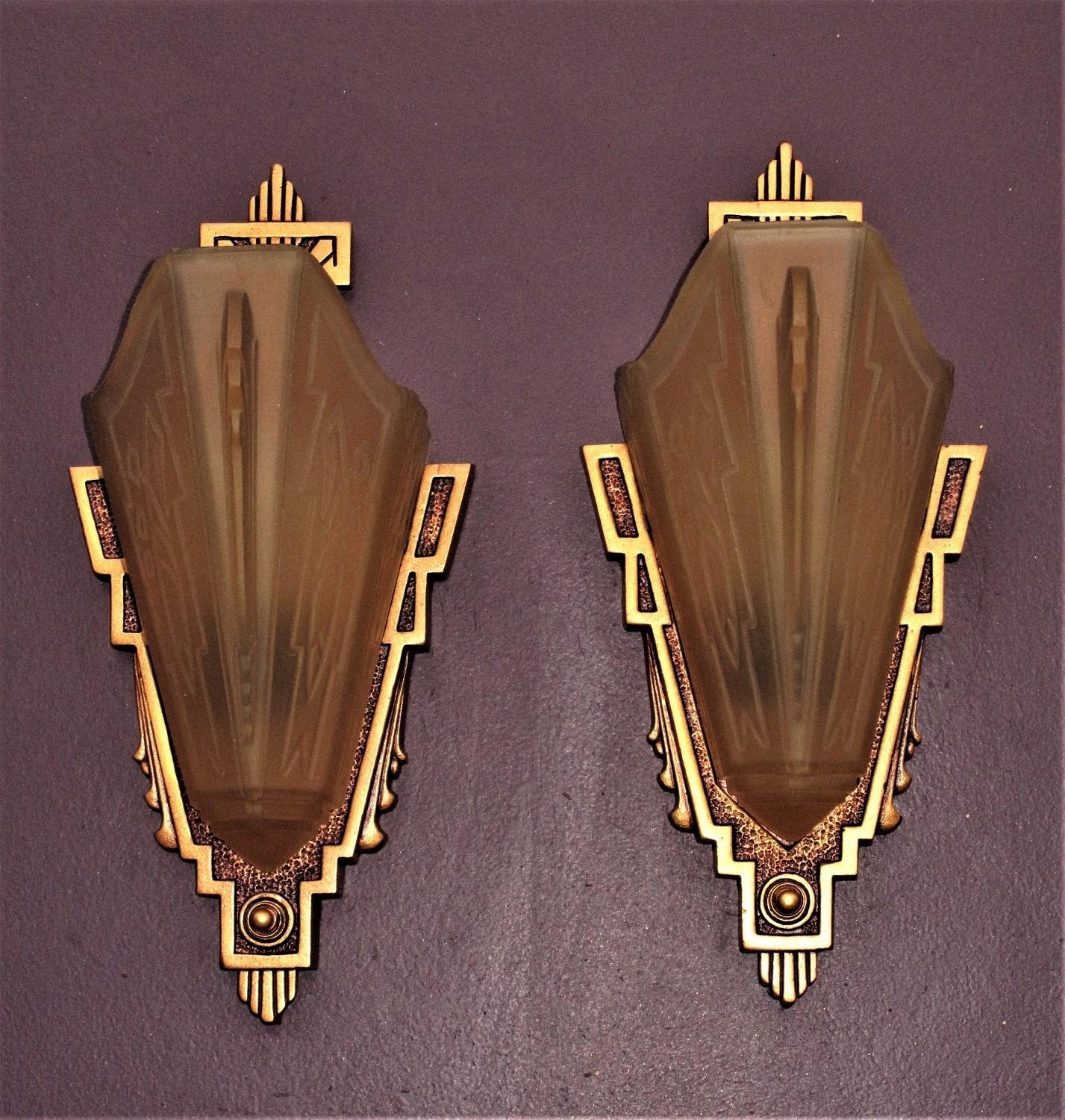 Cast Pair c1930 Sconces with Consolidated Glass Slip Shades