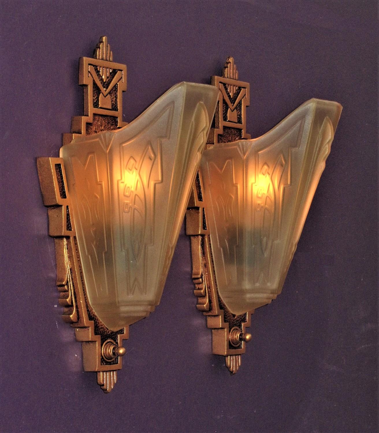 Pair c1930 Sconces with Consolidated Glass Slip Shades In Good Condition In Prescott, US