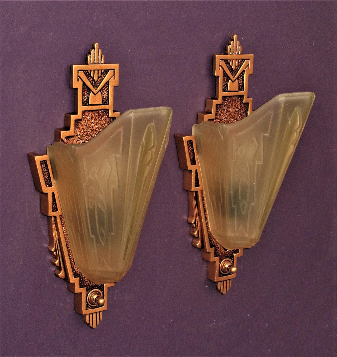 20th Century Pair c1930 Sconces with Consolidated Glass Slip Shades